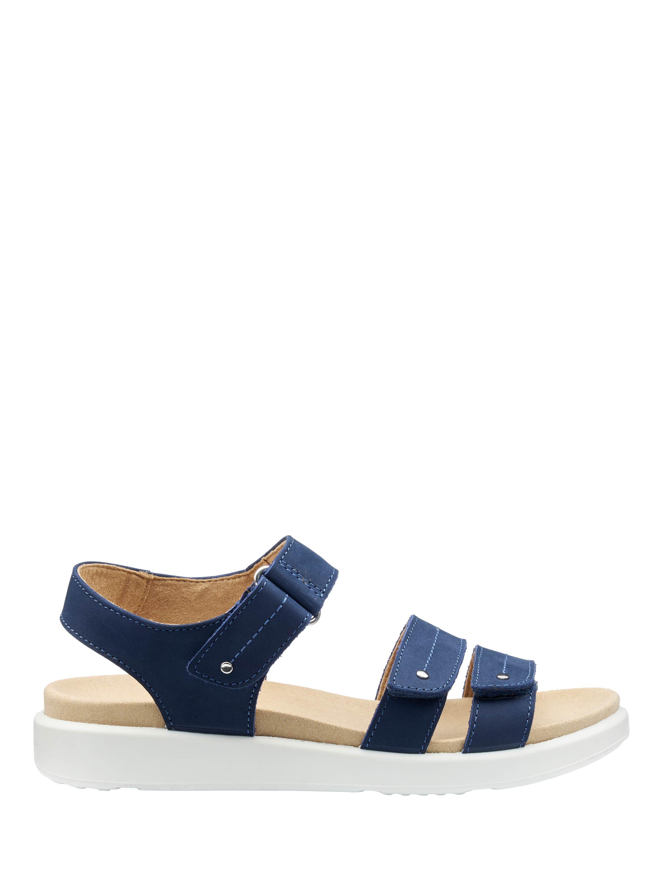 Product image 1 of 4, which shows Hotter Venice Wide Fit Nubuck Leather Triple Strap Sandals, French Navy, 3W