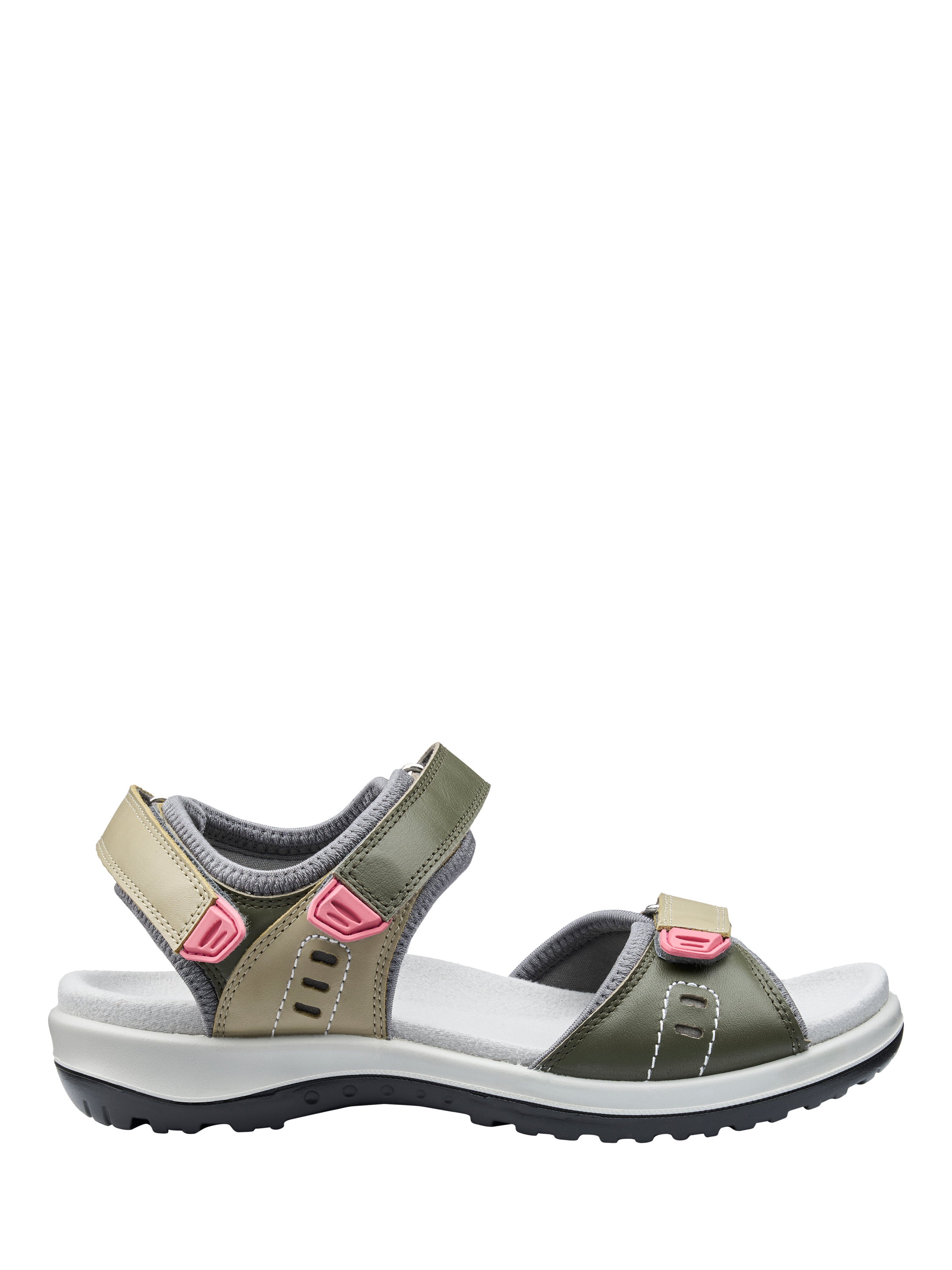 Product image 1 of 4, which shows Hotter Walk II Wide Fit Leather Technical Sandals, Khaki Moss, 3W
