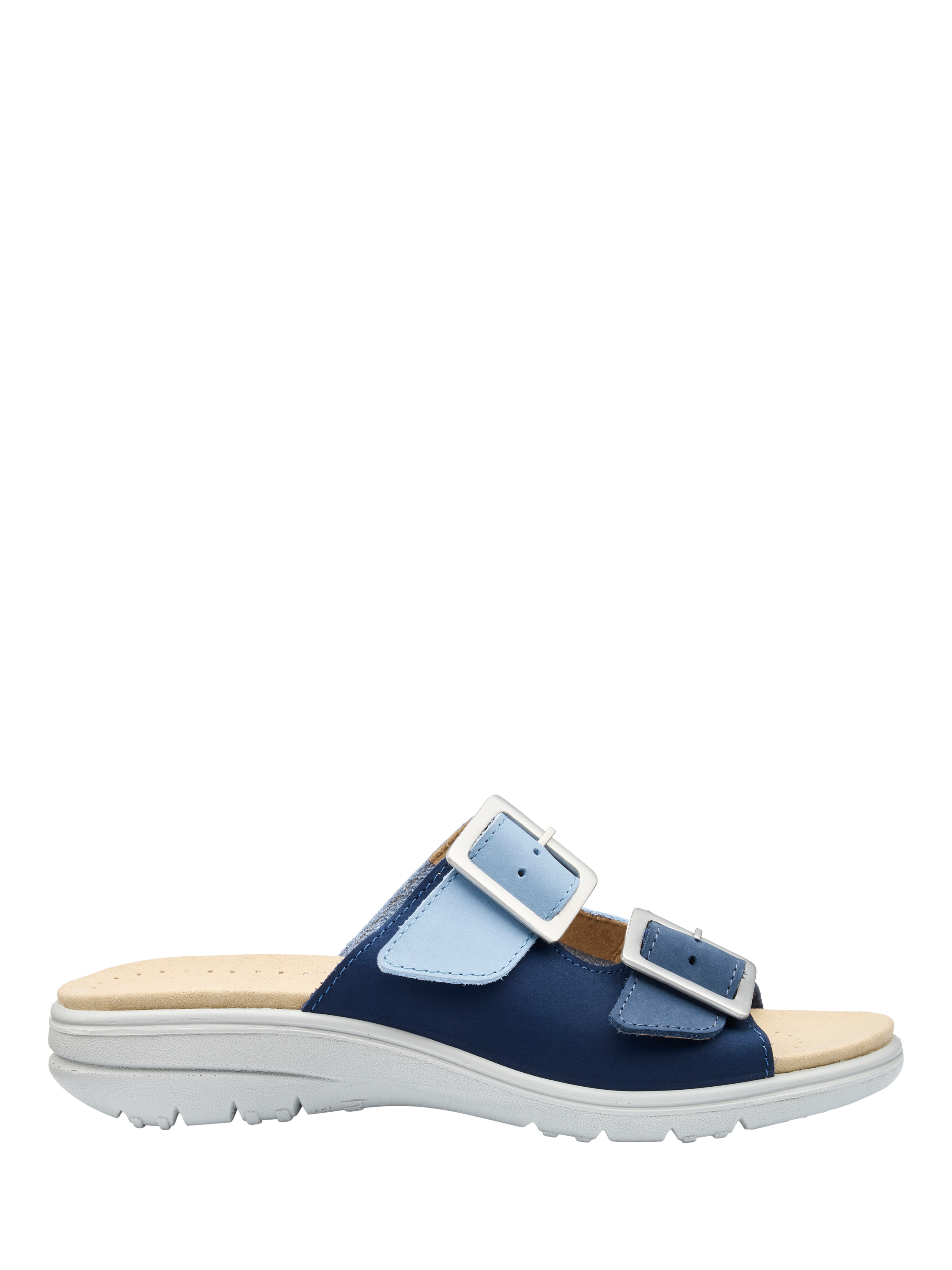 Product image 1 of 4, which shows Hotter Sunny Wide Fit Nubuck Slider Sandals, French Navy, 3W
