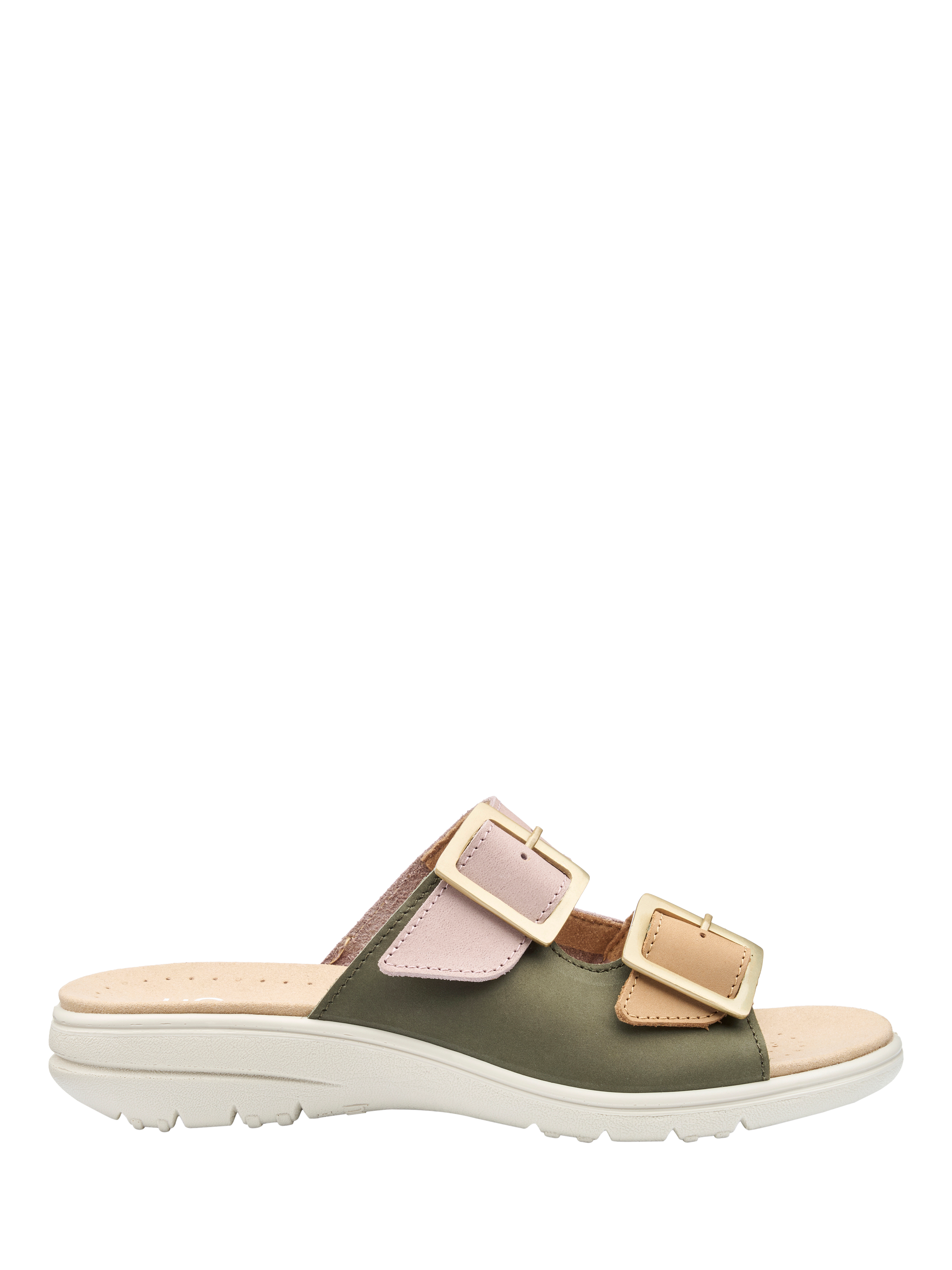 Product image 1 of 5, which shows Hotter Sunny Wide Fit Nubuck Slider Sandals, Khaki, 3W