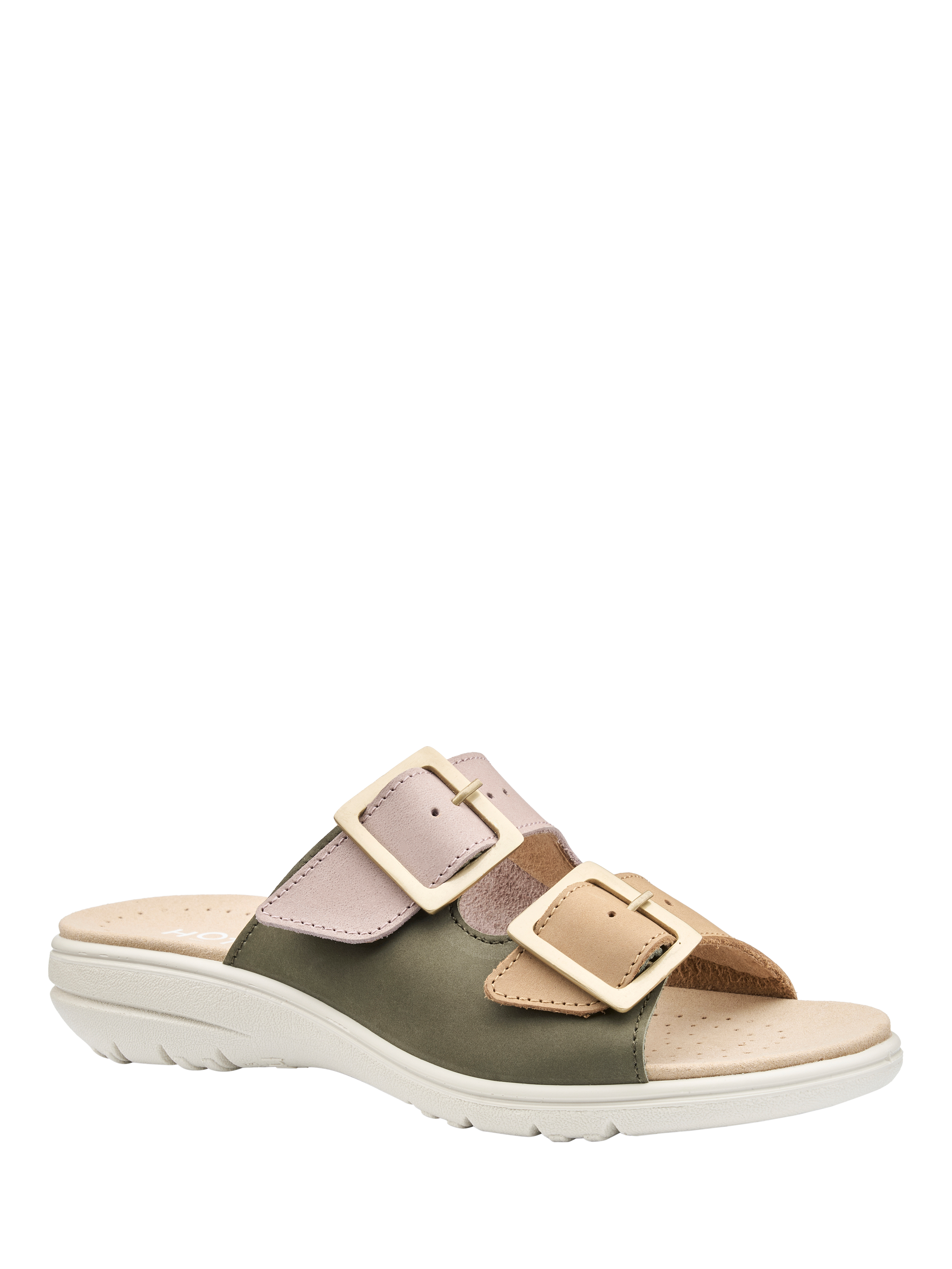 Product image 2 of 5, which shows Hotter Sunny Wide Fit Nubuck Slider Sandals, Khaki, 3W