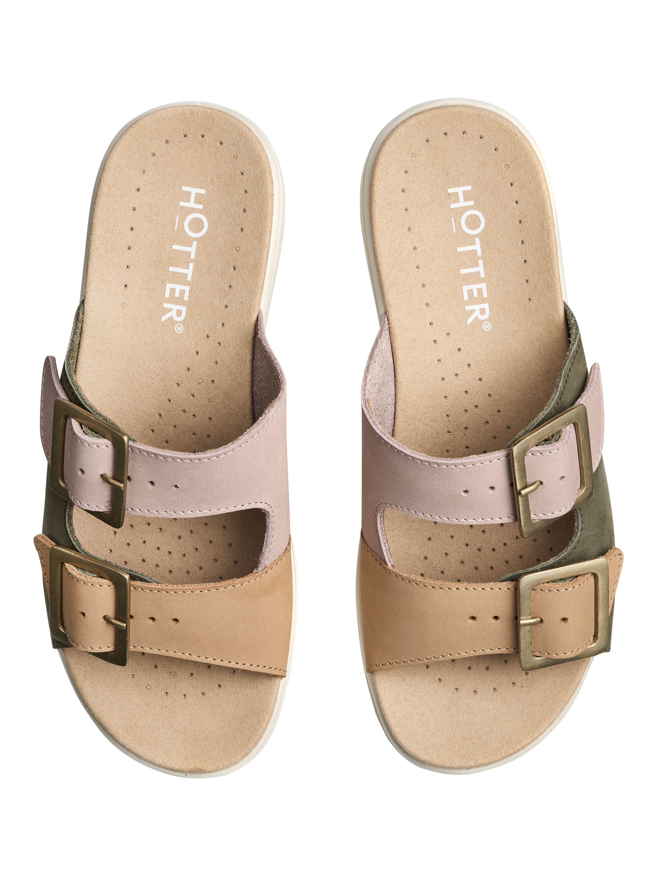 Product image 3 of 5, which shows Hotter Sunny Wide Fit Nubuck Slider Sandals, Khaki, 3W