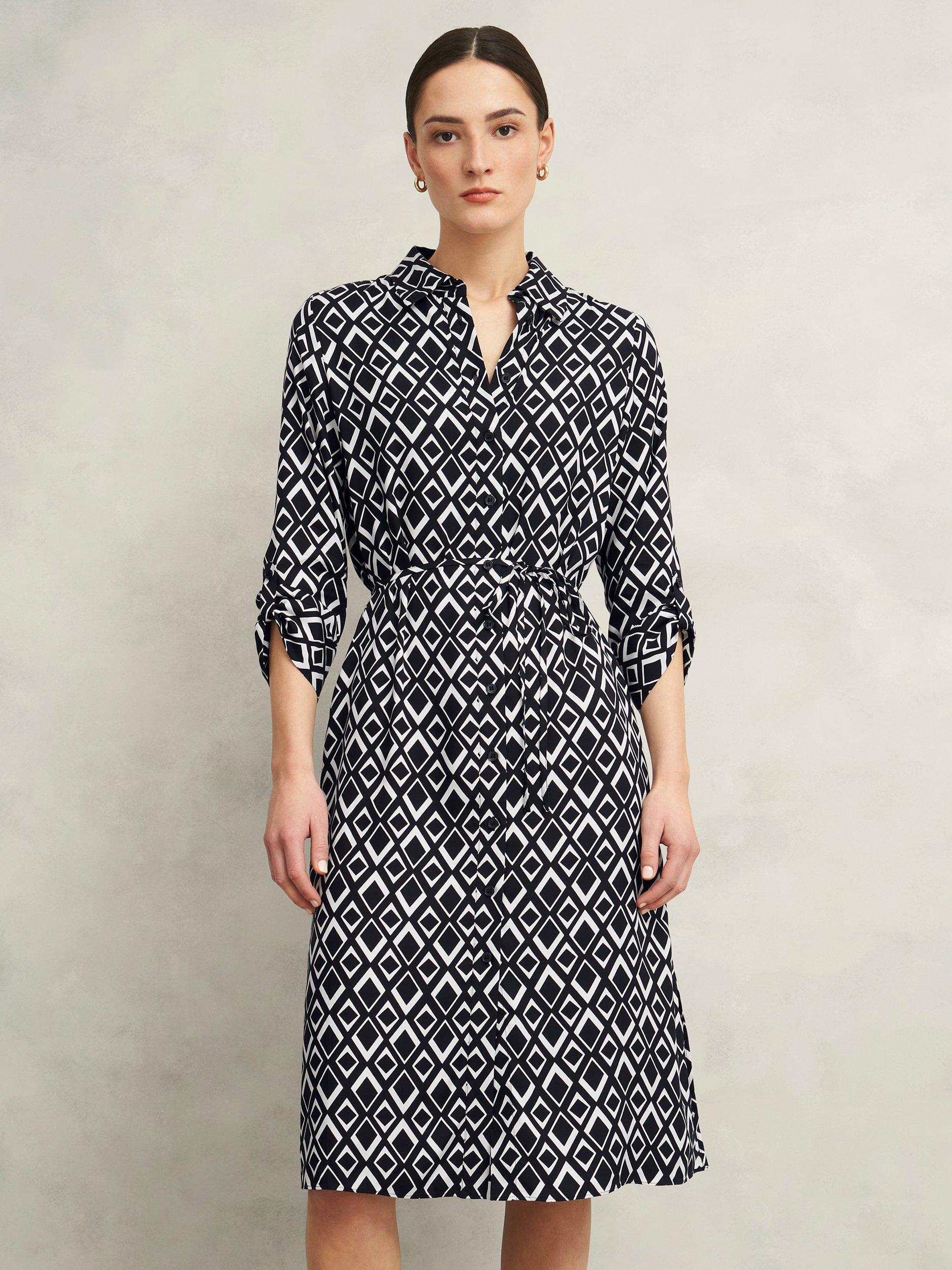 Product image 1 of 4, which shows Hobbs Petite Cali Geometric Shirt Dress, Navy/Ivory, 10
