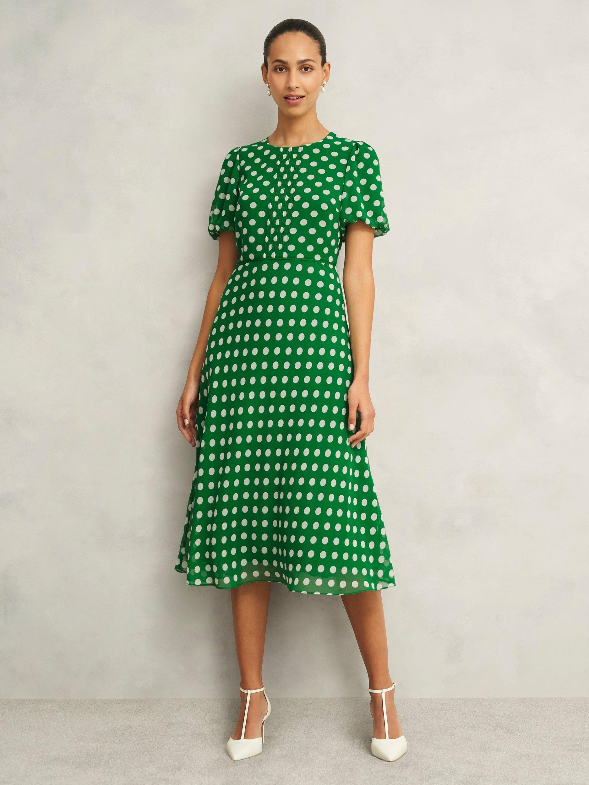 Hobbs Petite Dorothy Polka Dot Dress, Green Ivory