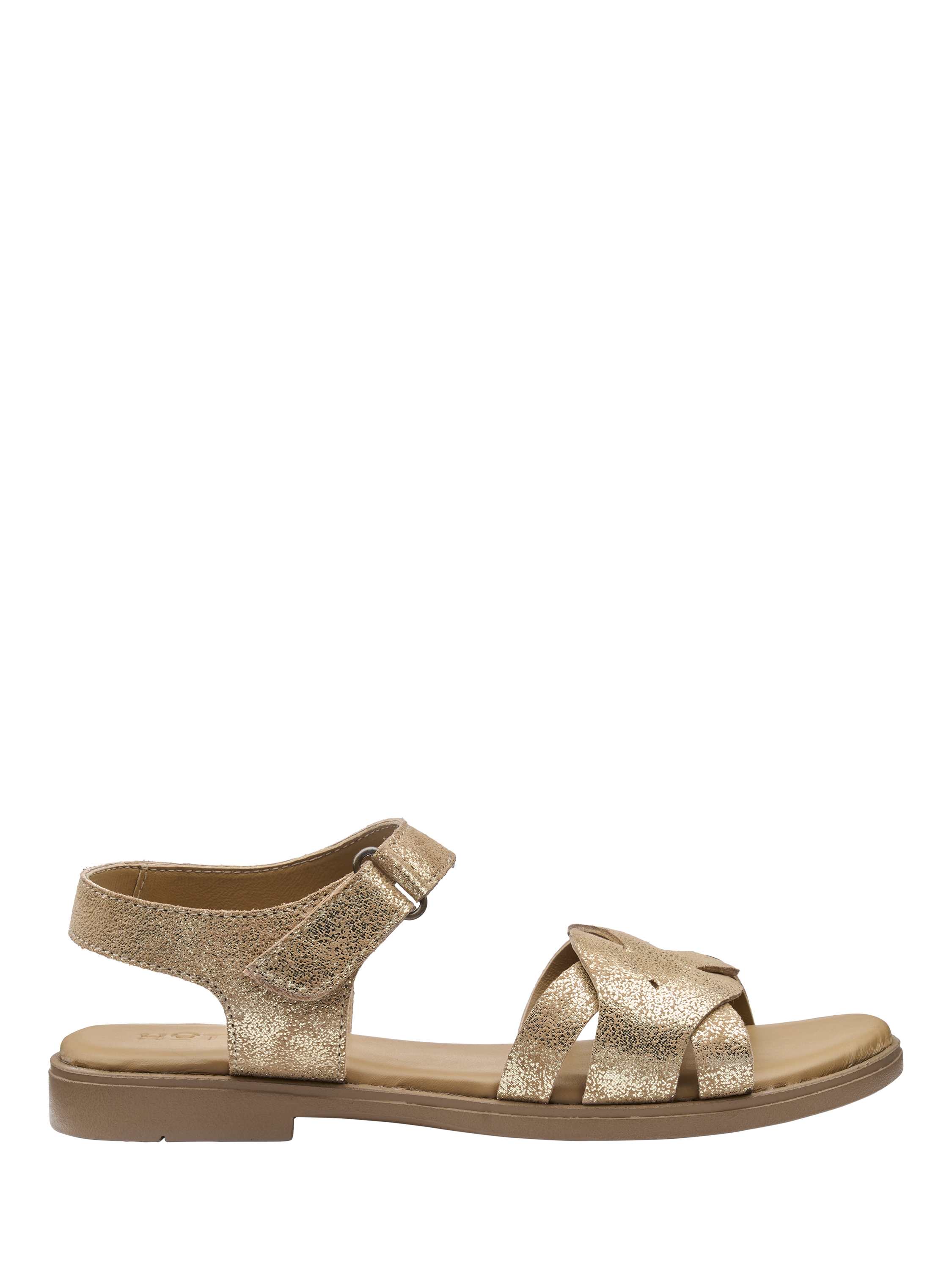 Product image 1 of 5, which shows Hotter Aurora Wide-Fit Suede Strappy Sandals, Gold, 3W
