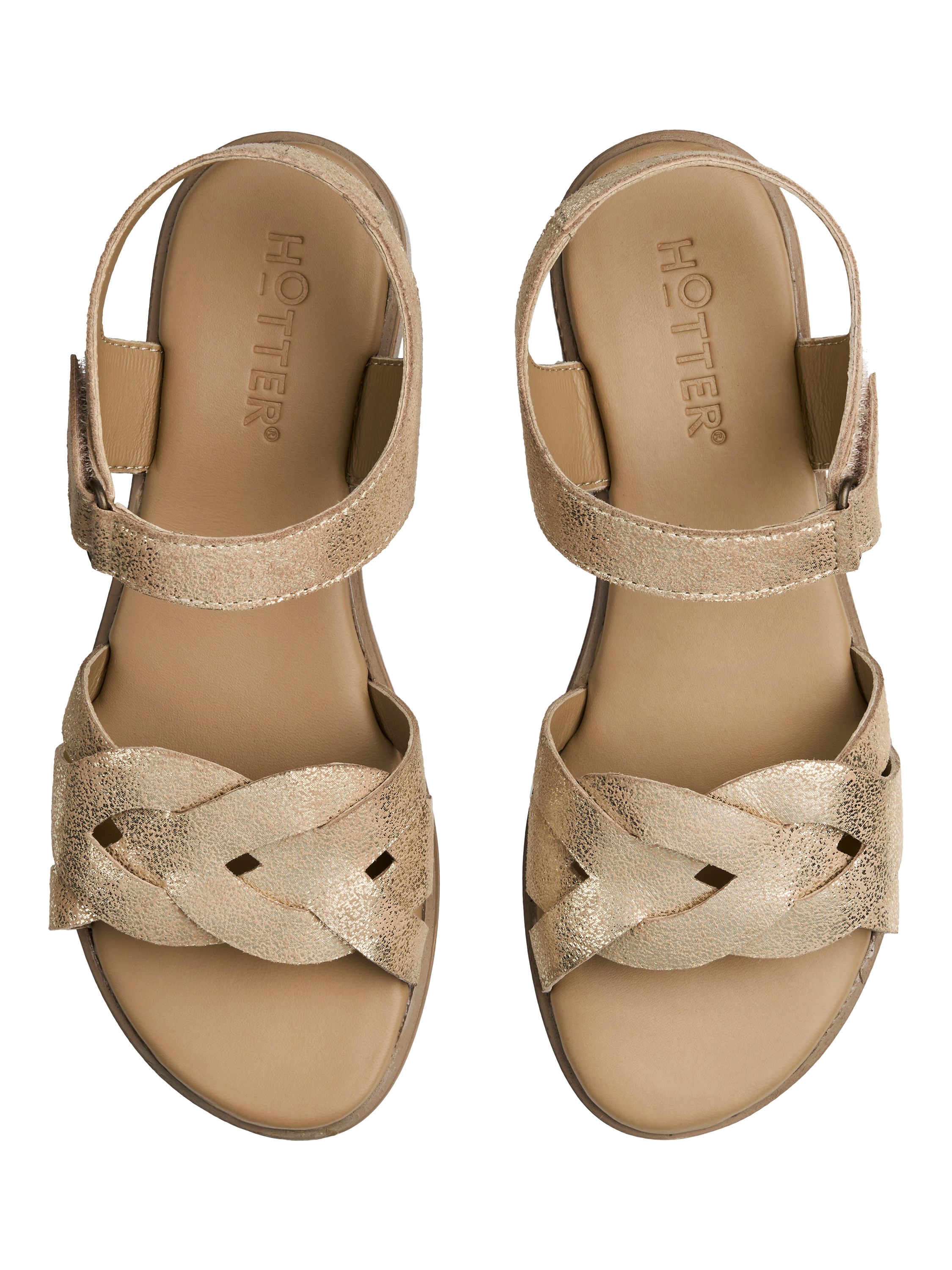 Product image 3 of 5, which shows Hotter Aurora Wide-Fit Suede Strappy Sandals, Gold, 3W