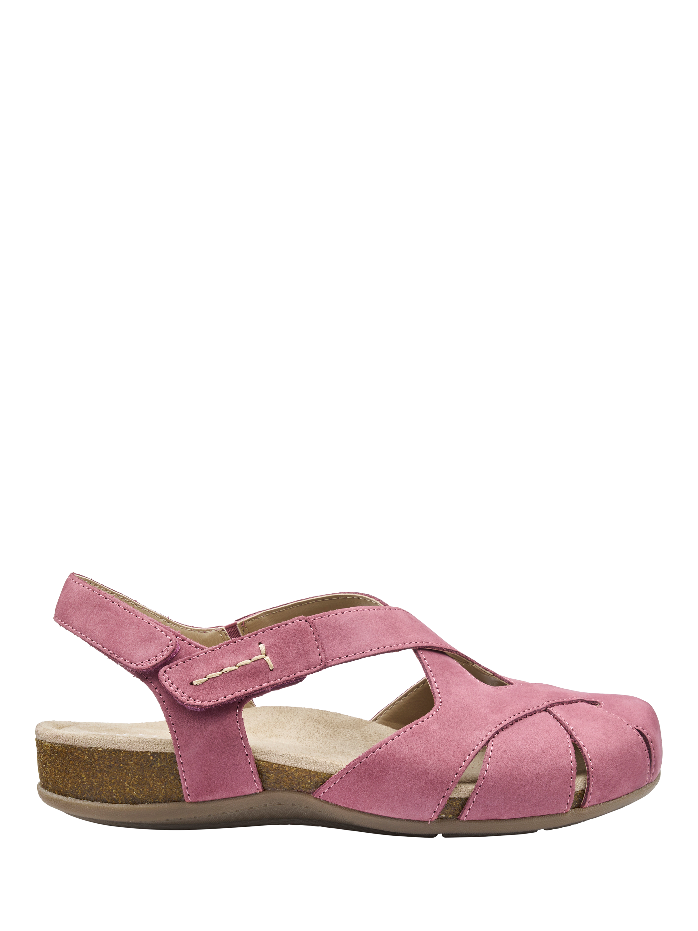 Product image 1 of 5, which shows Hotter Catskill II Wide Fit Nubuck Strappy Footbed Sandals, Dark Rose, 4W