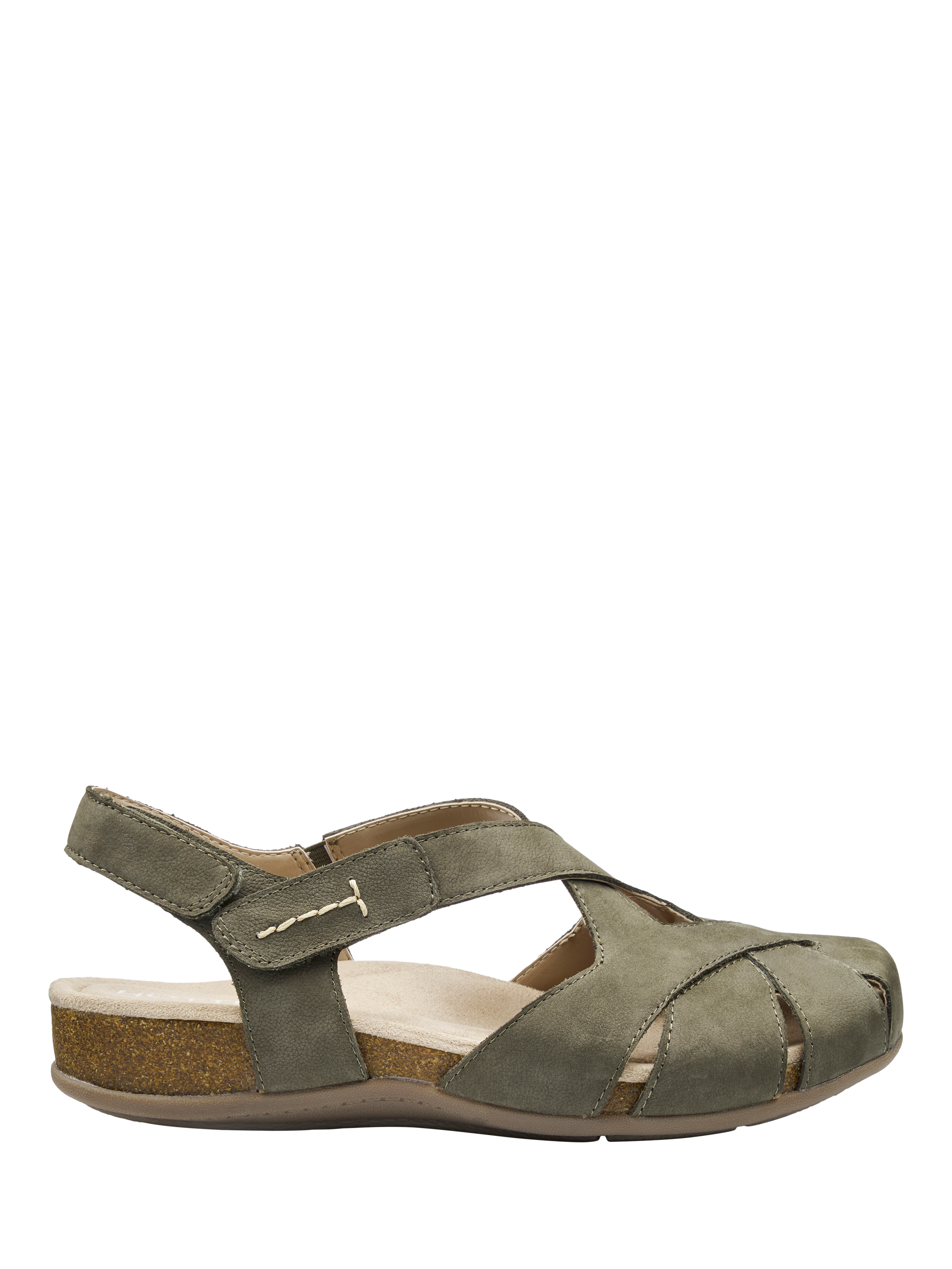 Product image 1 of 4, which shows Hotter Catskill II Wide Fit Nubuck Leather Sandals, Khaki, 4W