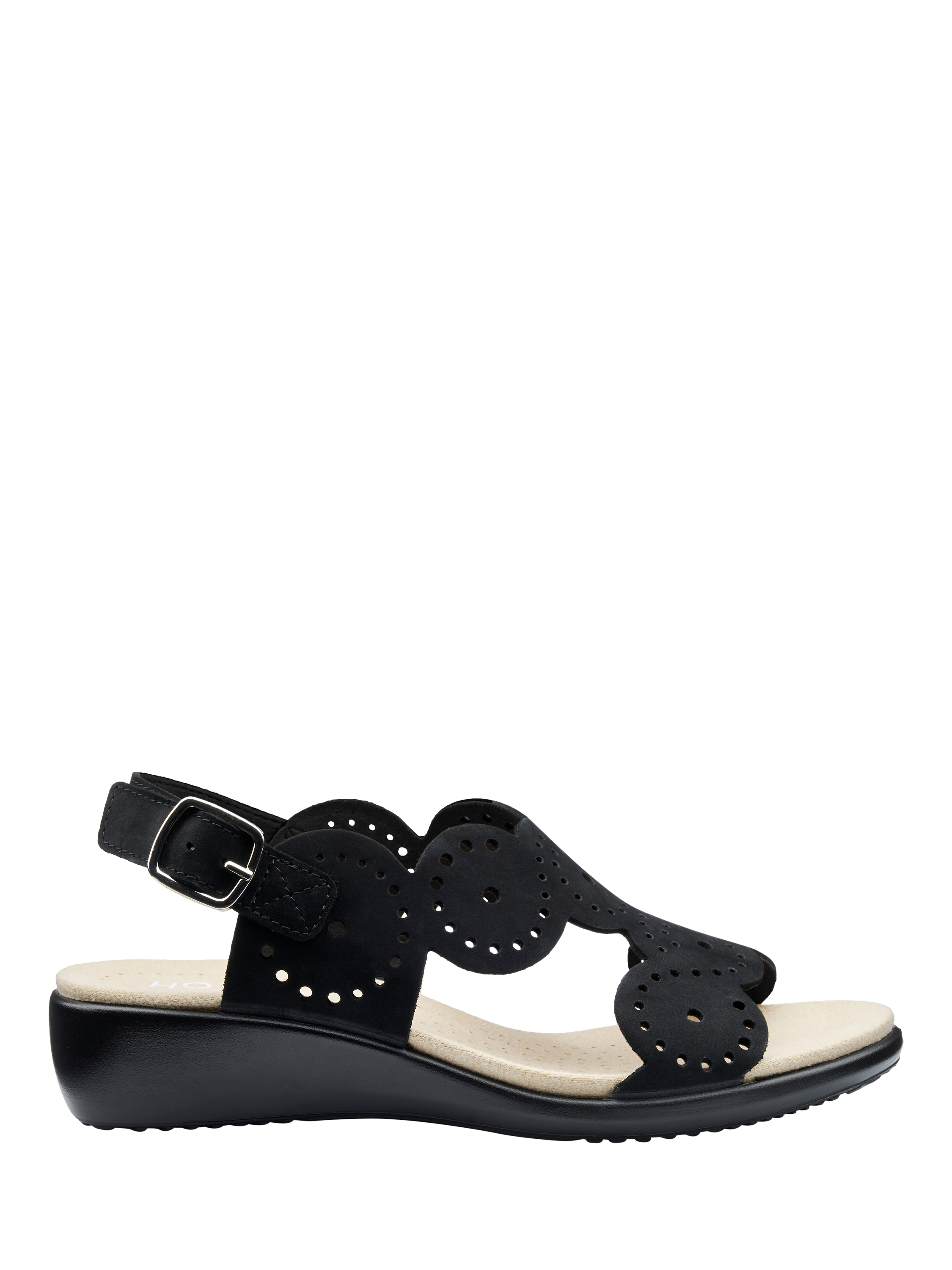 Product image 1 of 5, which shows Hotter Diana Wide Fit Nubuck Leather Scallop Sandals, Black, 3W