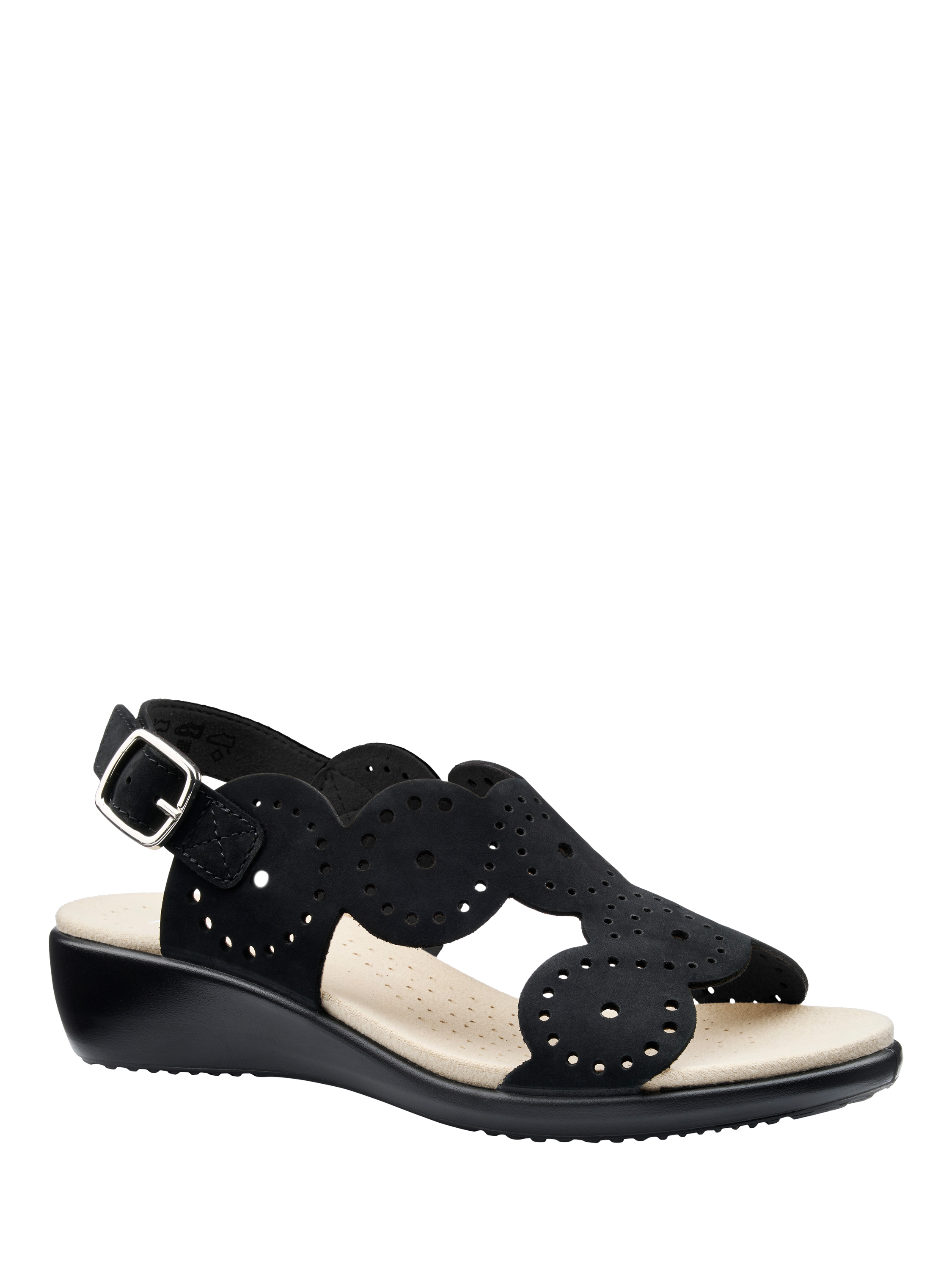 Product image 2 of 5, which shows Hotter Diana Wide Fit Nubuck Leather Scallop Sandals, Black, 3W
