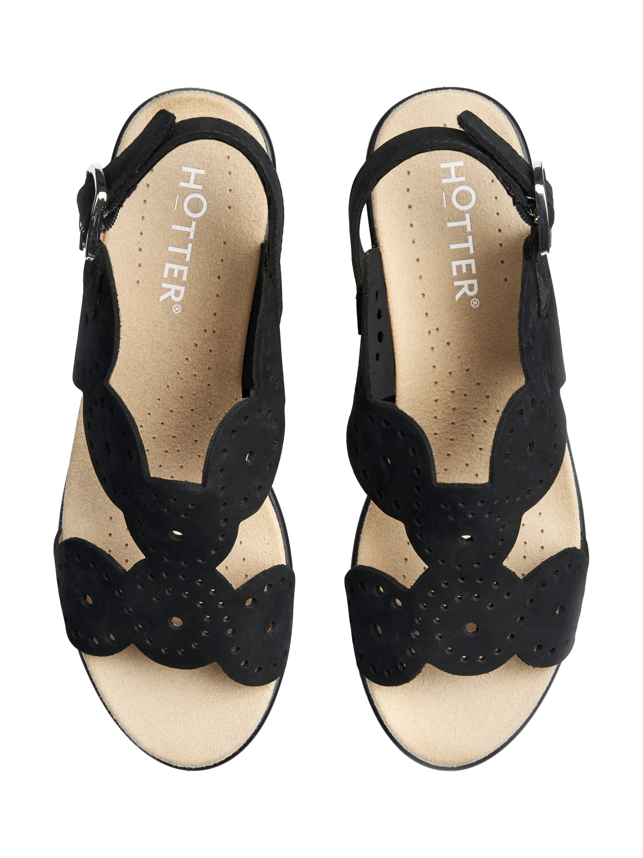 Product image 3 of 5, which shows Hotter Diana Wide Fit Nubuck Leather Scallop Sandals, Black, 3W
