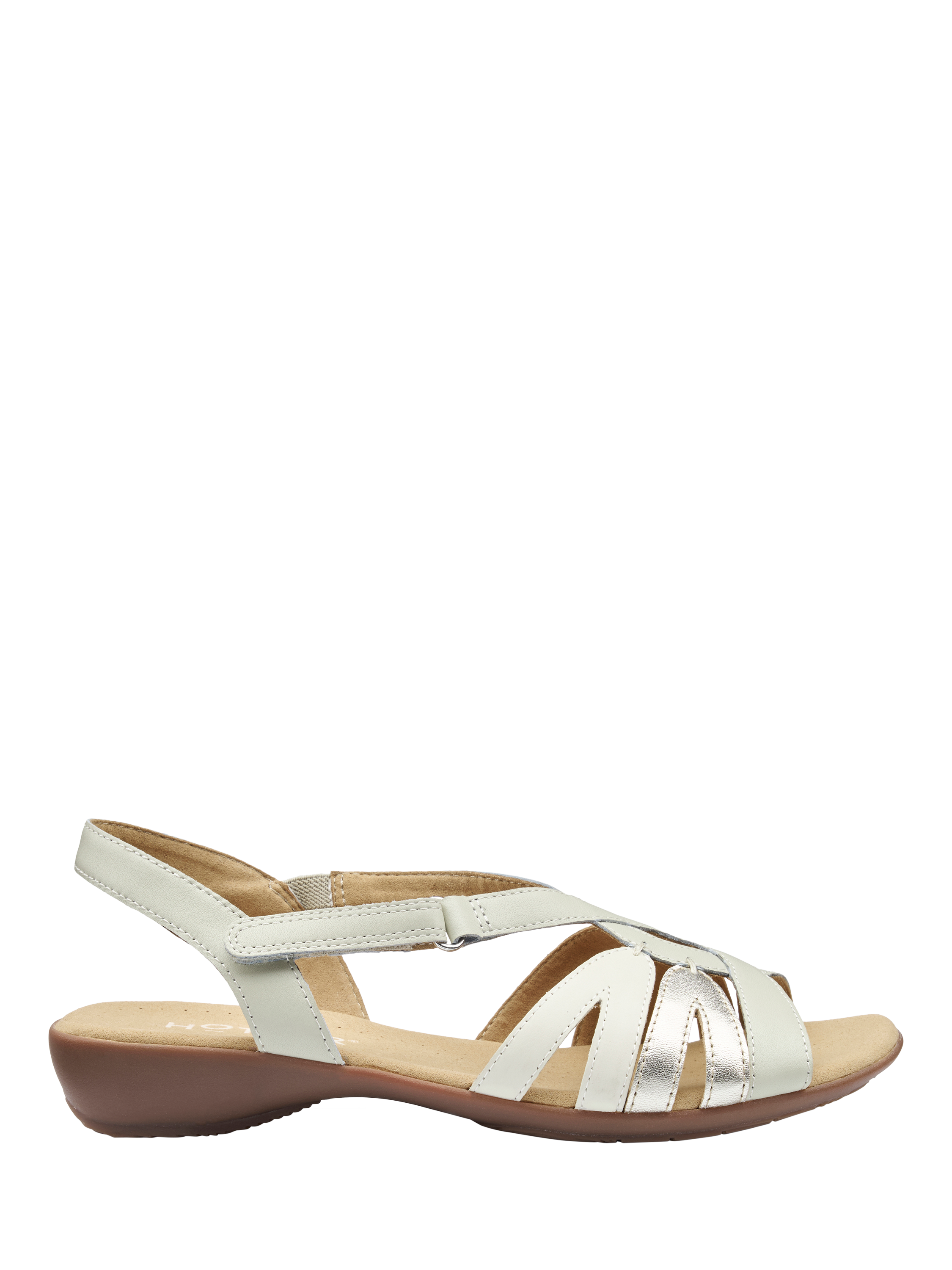 Product image 1 of 4, which shows Hotter Flare Wide Fit Leather Low Wedge Sandals, Cement/Multi, 3W
