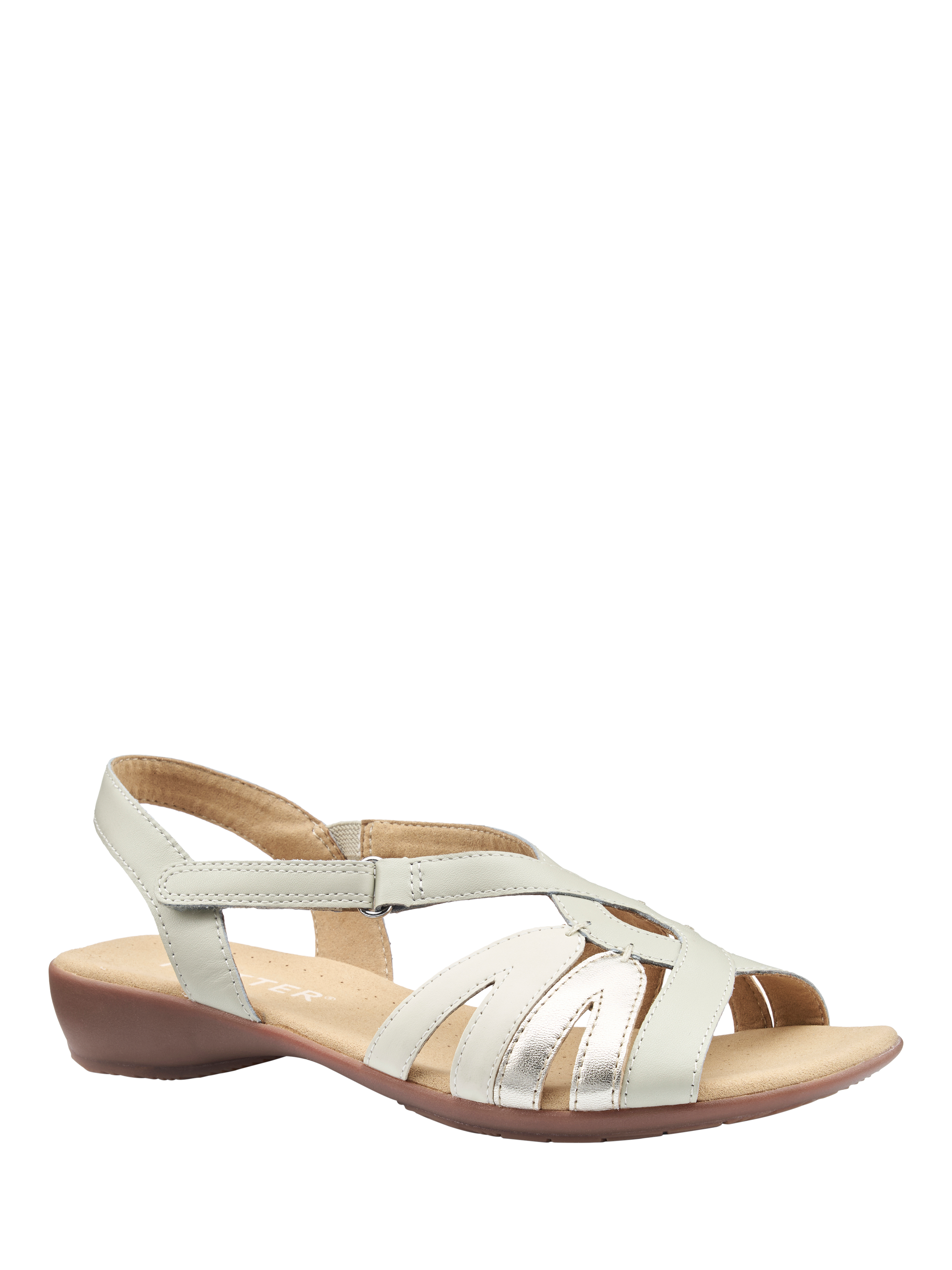 Product image 2 of 4, which shows Hotter Flare Wide Fit Leather Low Wedge Sandals, Cement/Multi, 3W