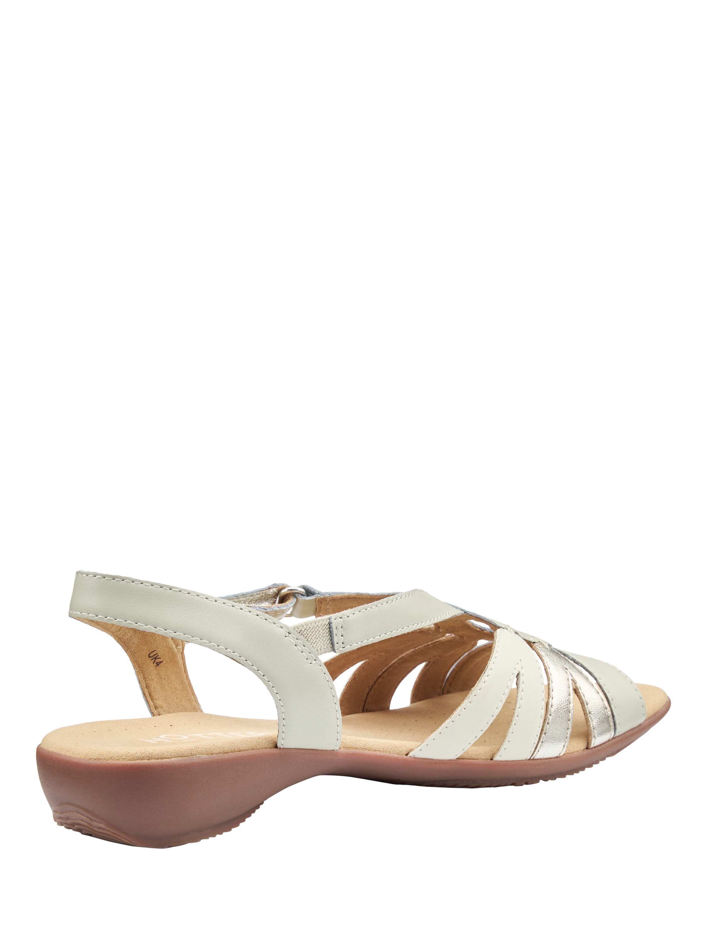 Product image 4 of 4, which shows Hotter Flare Wide Fit Leather Low Wedge Sandals, Cement/Multi, 3W
