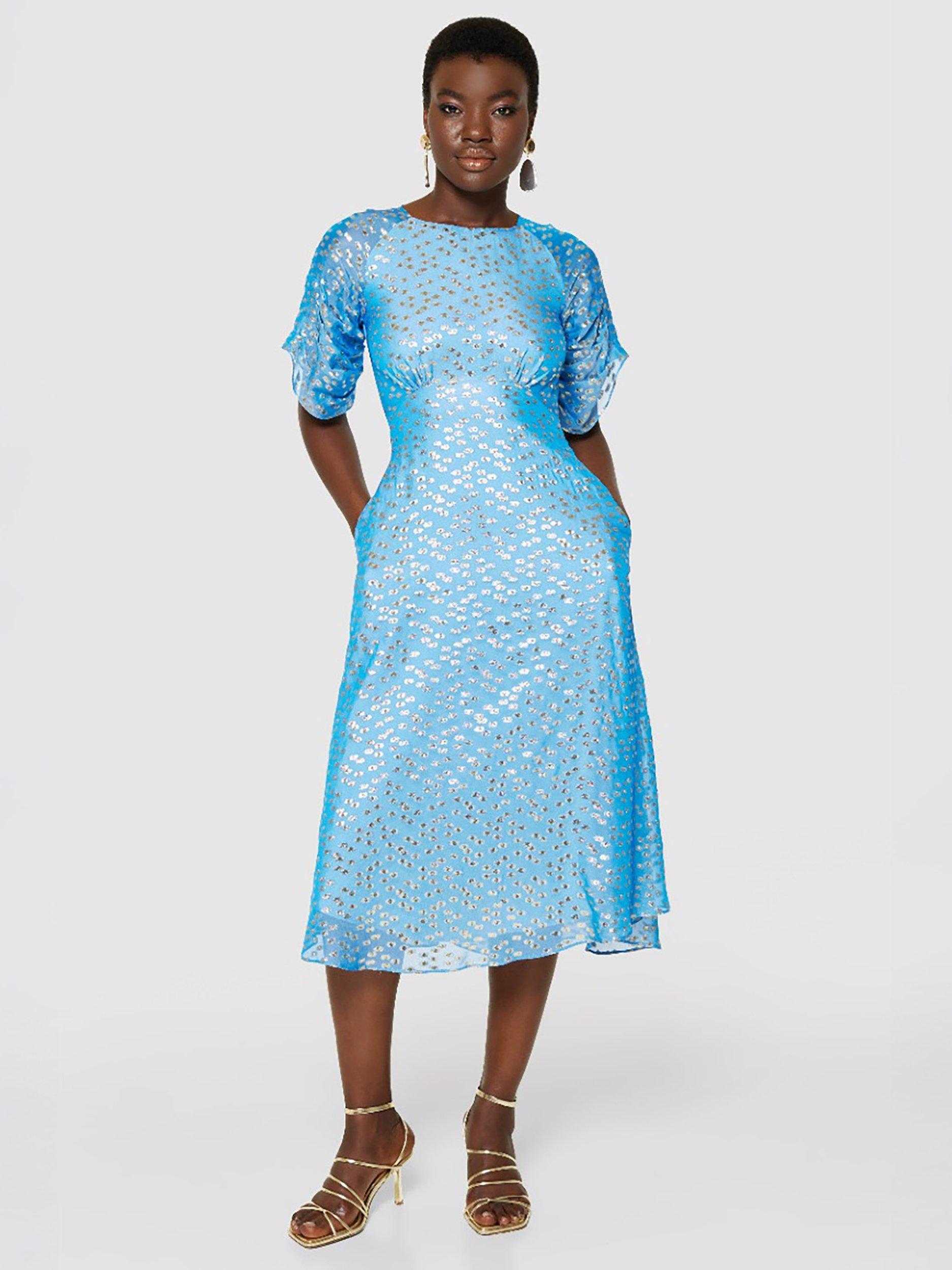 Closet London Jacquard Spot Midi Dress, Blue/Gold
