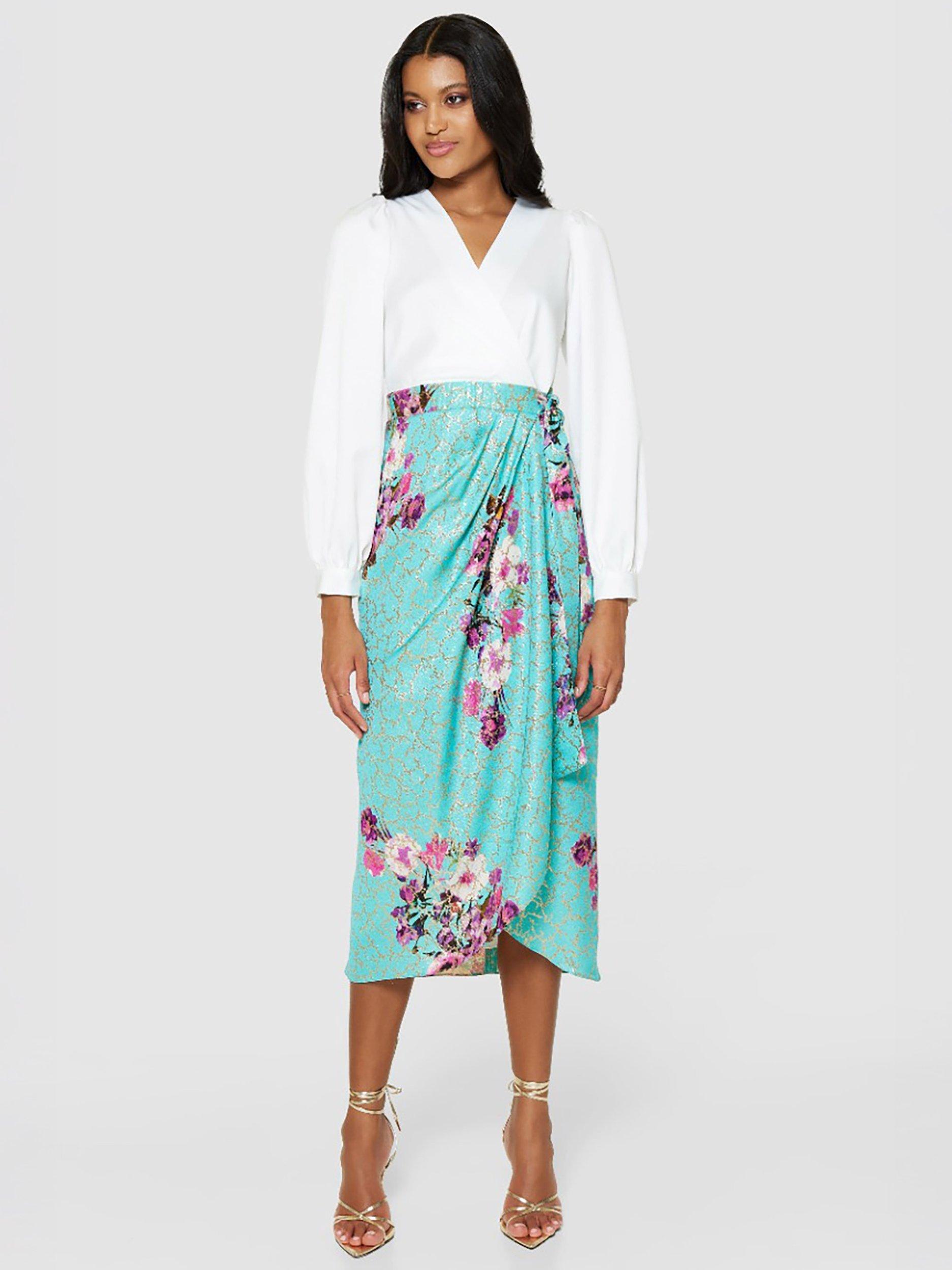 Product image 1 of 4, which shows Closet London Floral Pencil Wrap Dress, Turquoise/Multi, 8