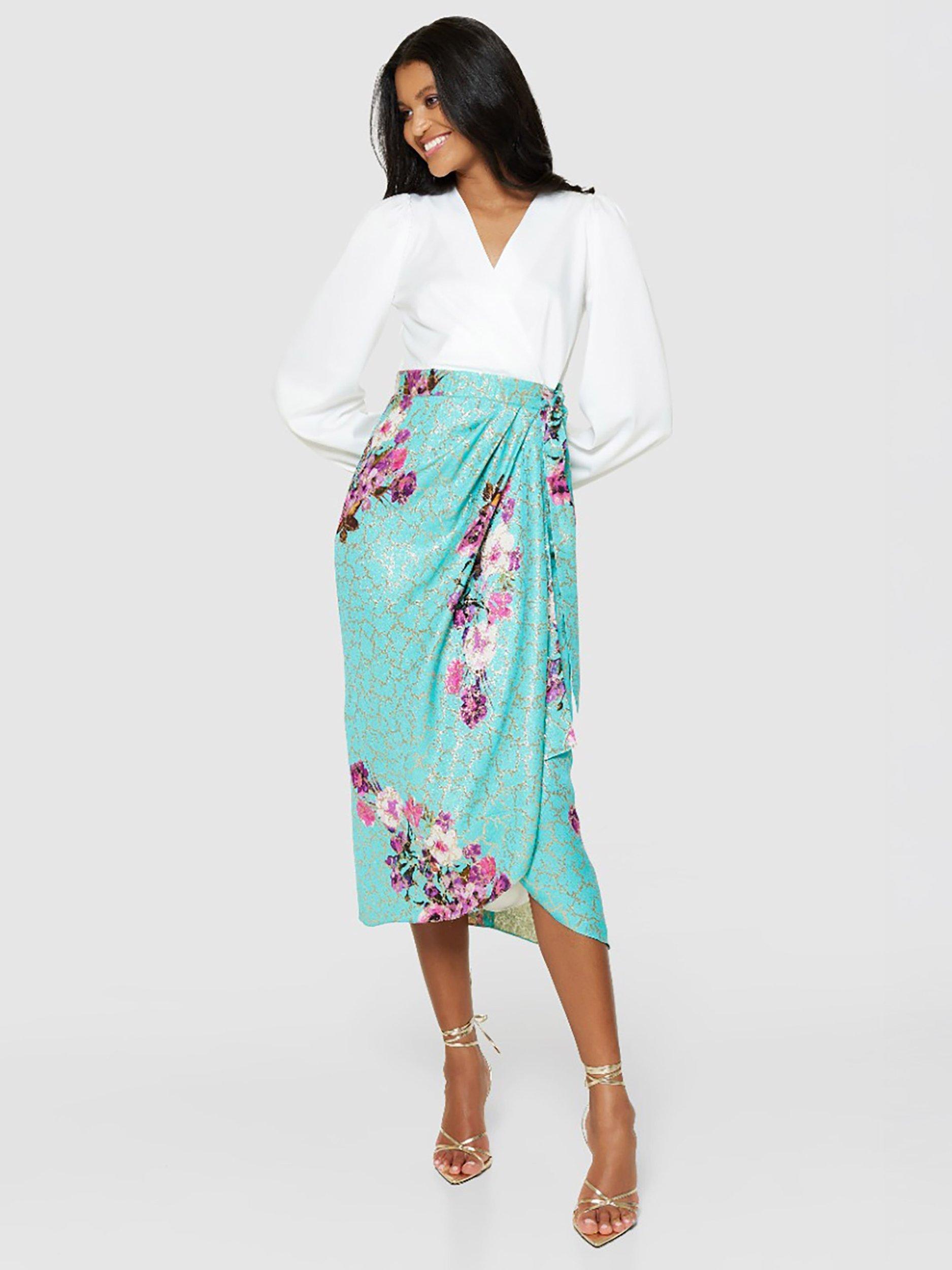 Product image 3 of 4, which shows Closet London Floral Pencil Wrap Dress, Turquoise/Multi, 8