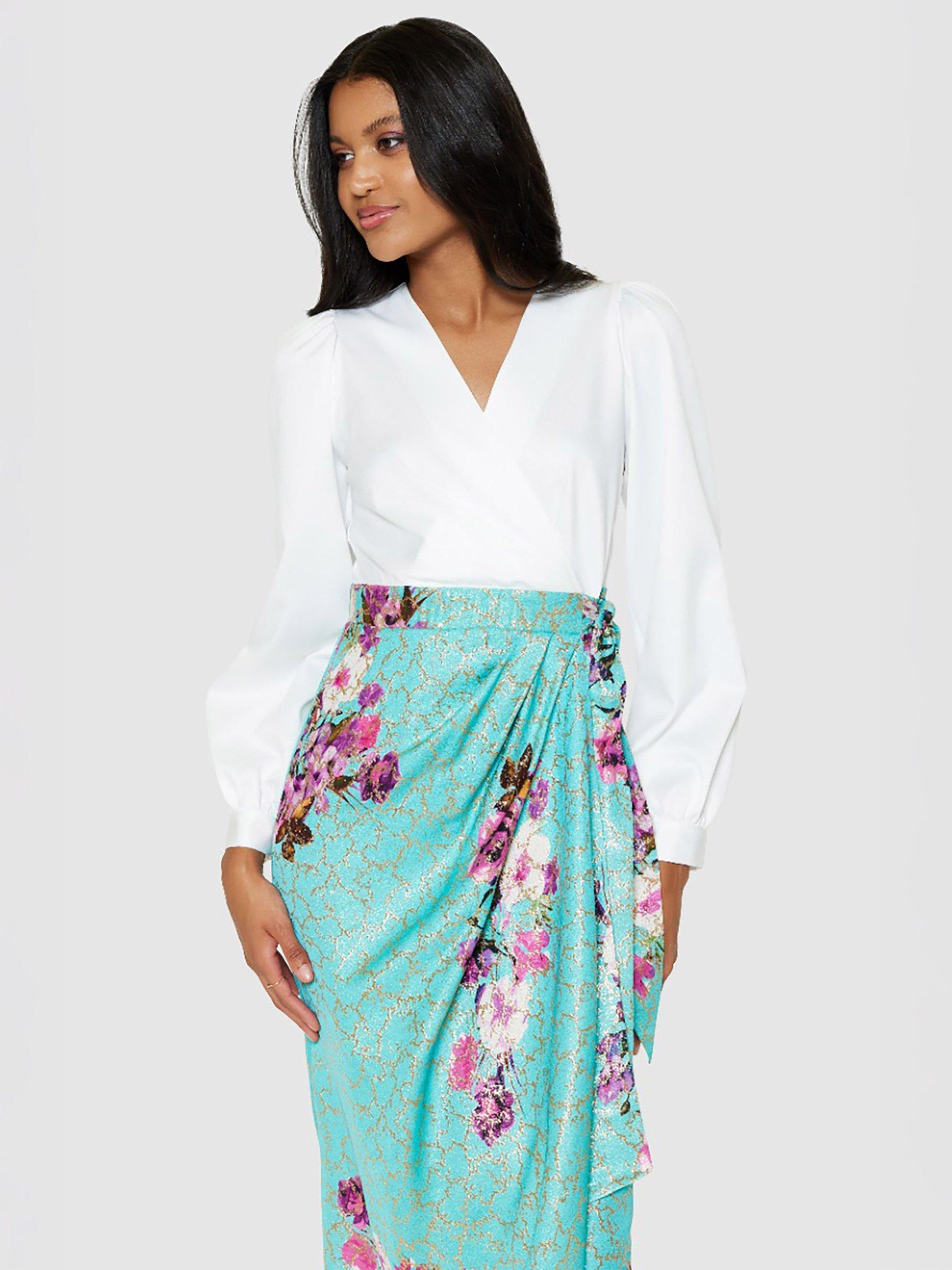 Product image 4 of 4, which shows Closet London Floral Pencil Wrap Dress, Turquoise/Multi, 8