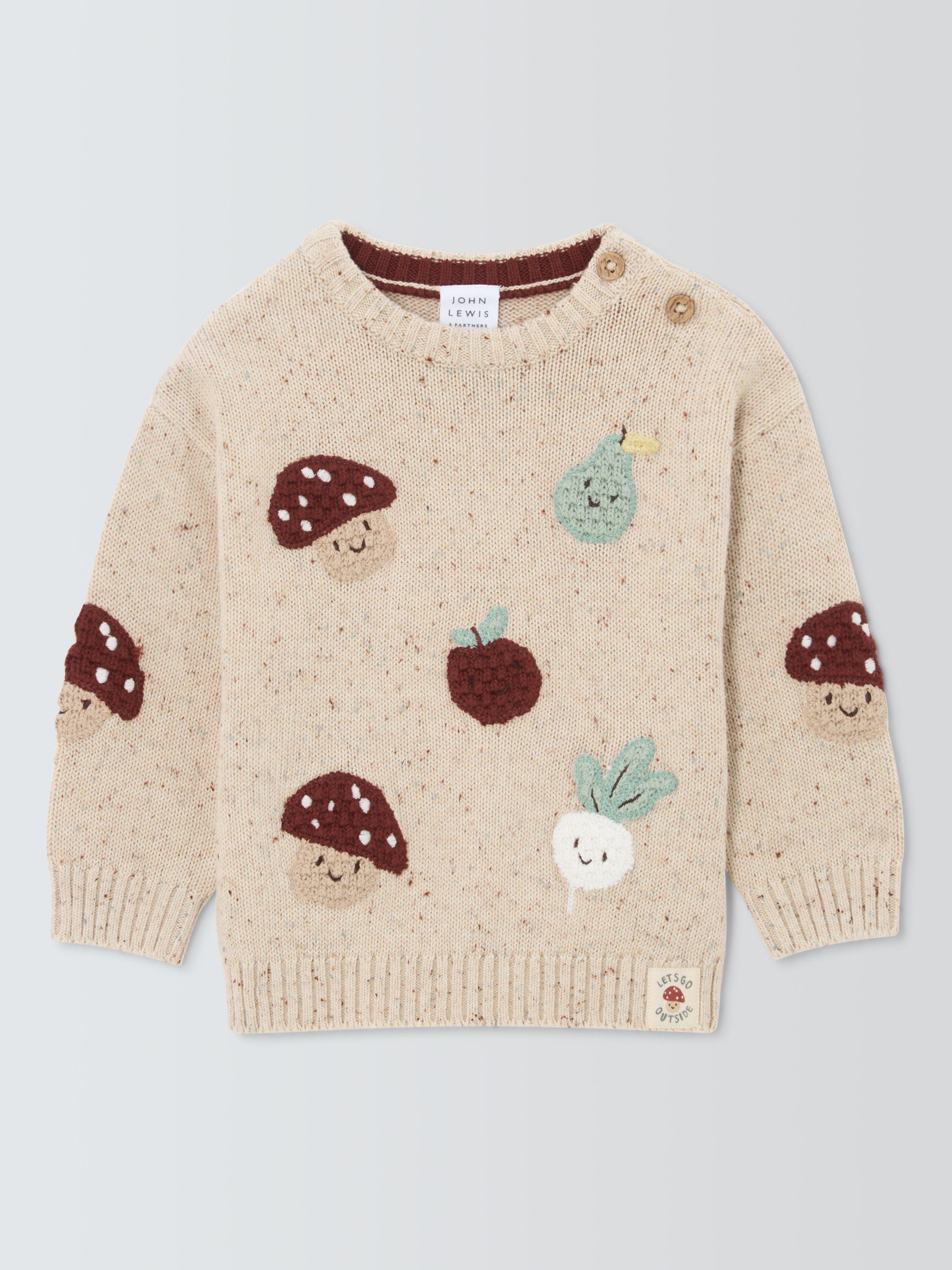 Product image 1 of 3, which shows John Lewis Mushroom Crochet Jumper, Blue, 0-3 months