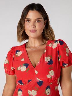 Live Unlimited Curve Floral Puff Sleeve Midi Dress, Red - view 2, Red