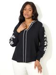 Live Unlimited Cotton Blend V-neck Raglan Sleeve Embroidered Top, Black