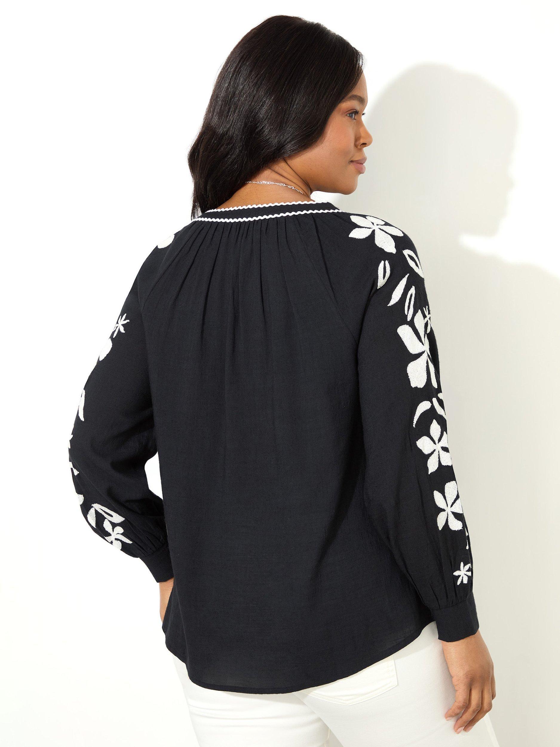 Product image 4 of 4, which shows Live Unlimited Cotton Blend V-neck Raglan Sleeve Embroidered Top, Black, 14