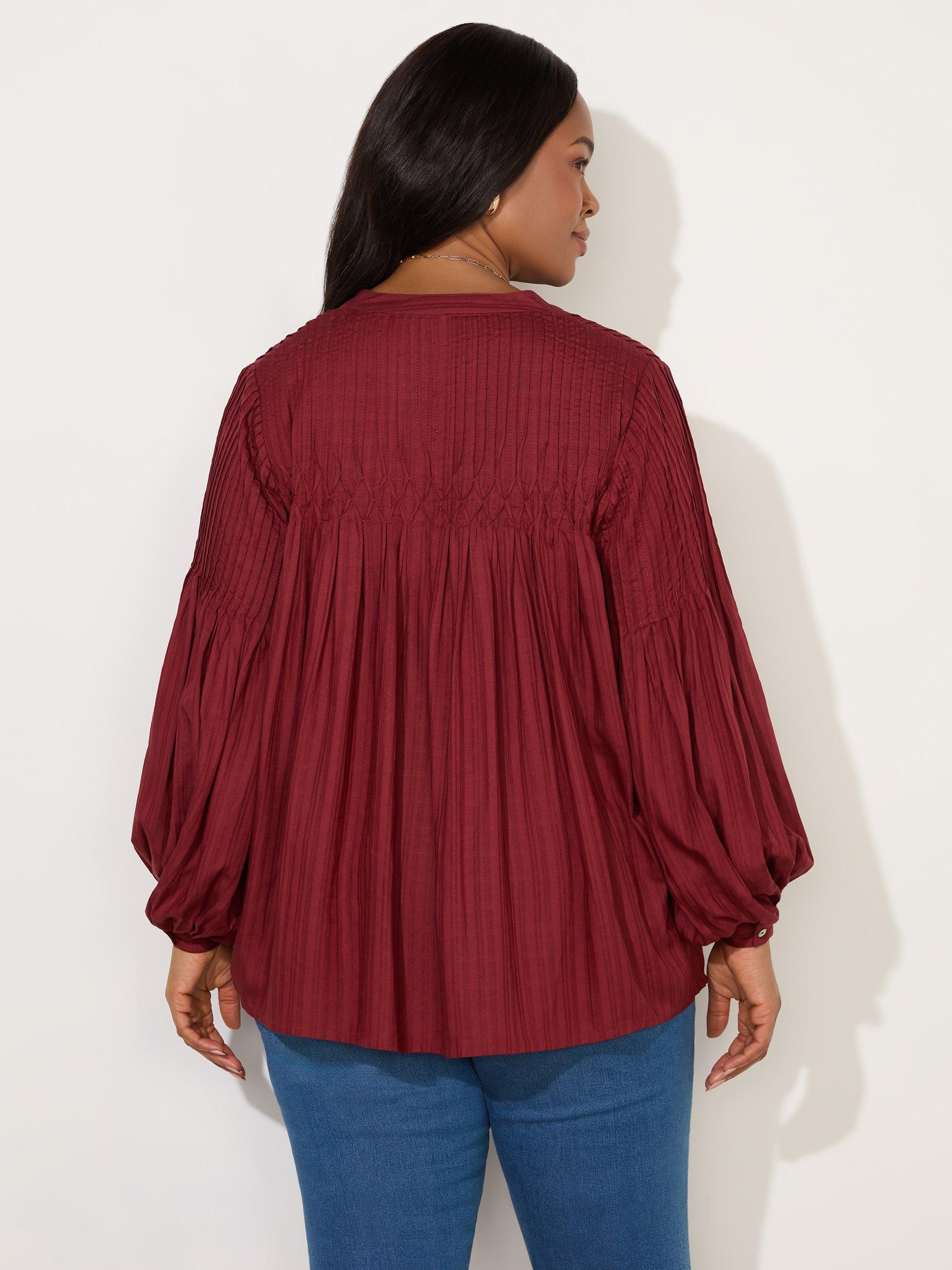 Product image 5 of 5, which shows Live Unlimited Oxblood Classic Pintuck Blouse, Red, 12