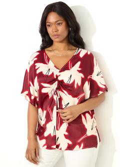 Live Unlimited Petite Floral Ruched Front Blouse, Red, Red/Multi