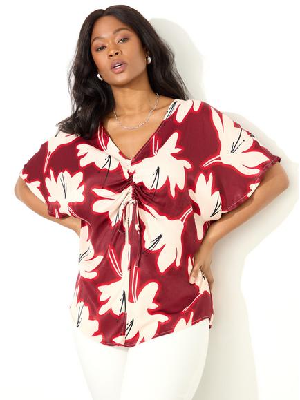 Live Unlimited Petite Floral Ruched Front Blouse, Red - view 2, Red/Multi
