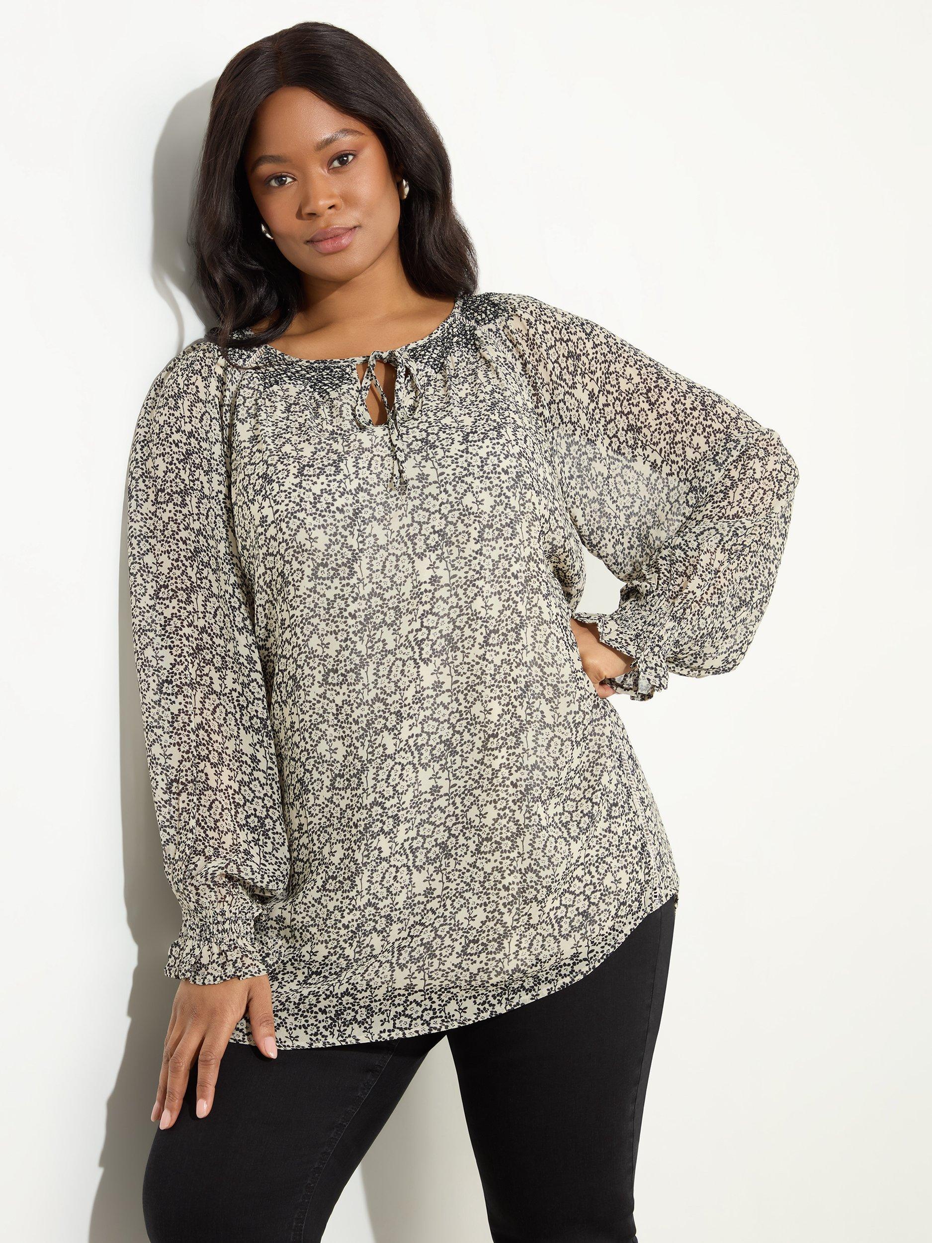 Product image 1 of 5, which shows Live Unlimited Ditsy Floral Smocked Tunic Top, Black/Multi, 14