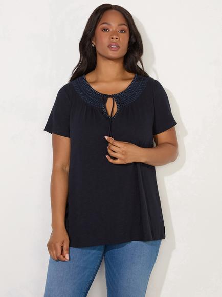 Live Unlimited Embroidered Shirred Neck Top, Blue, Blue