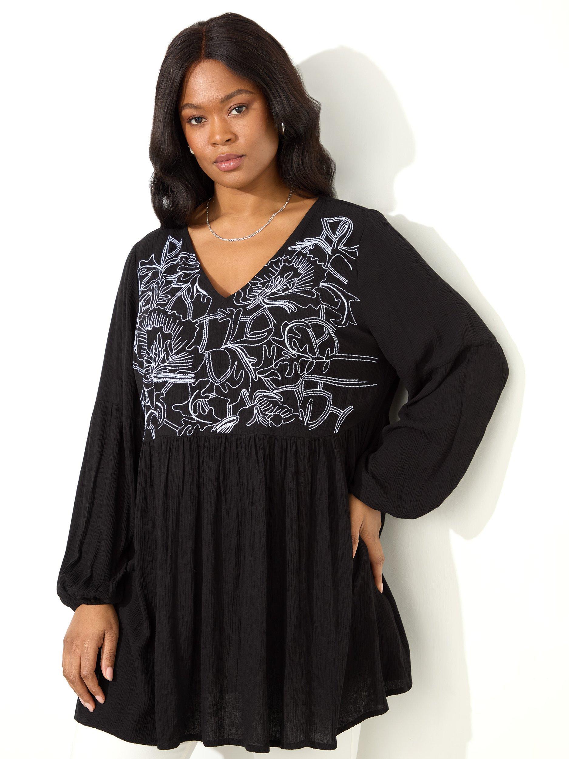 Product image 1 of 3, which shows Live Unlimited Petite Embroidered Panel Crinkle Tunic Top, Black, 16