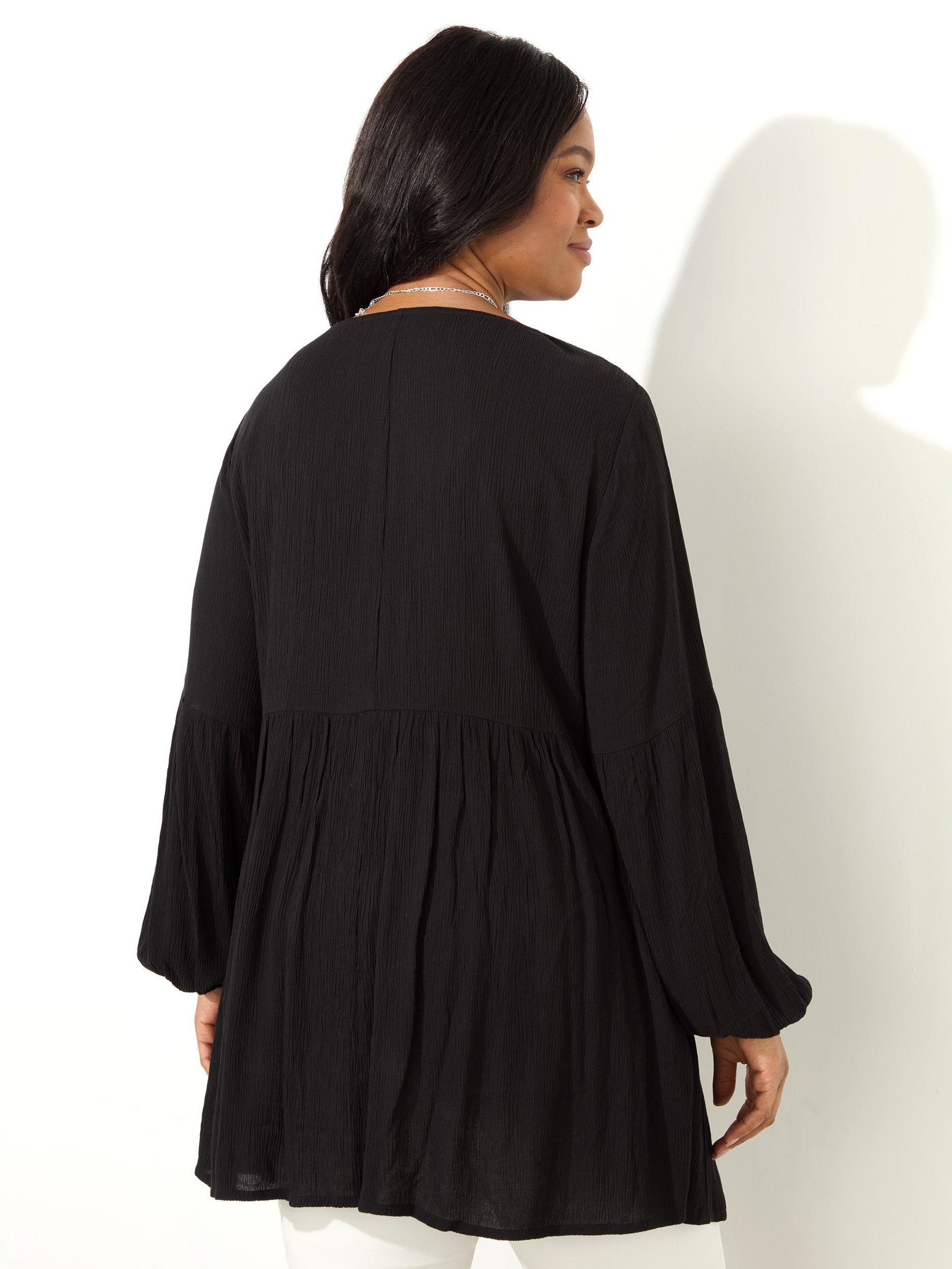 Product image 3 of 3, which shows Live Unlimited Petite Embroidered Panel Crinkle Tunic Top, Black, 16
