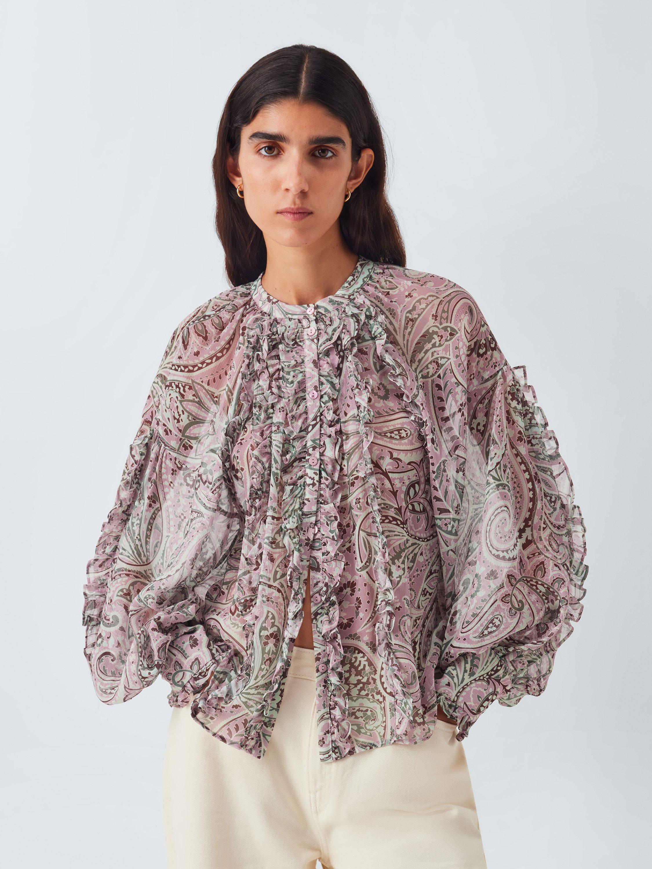 Product image 1 of 6, which shows AND/OR Paisley Ruffle Top, Pink/Multi, 6