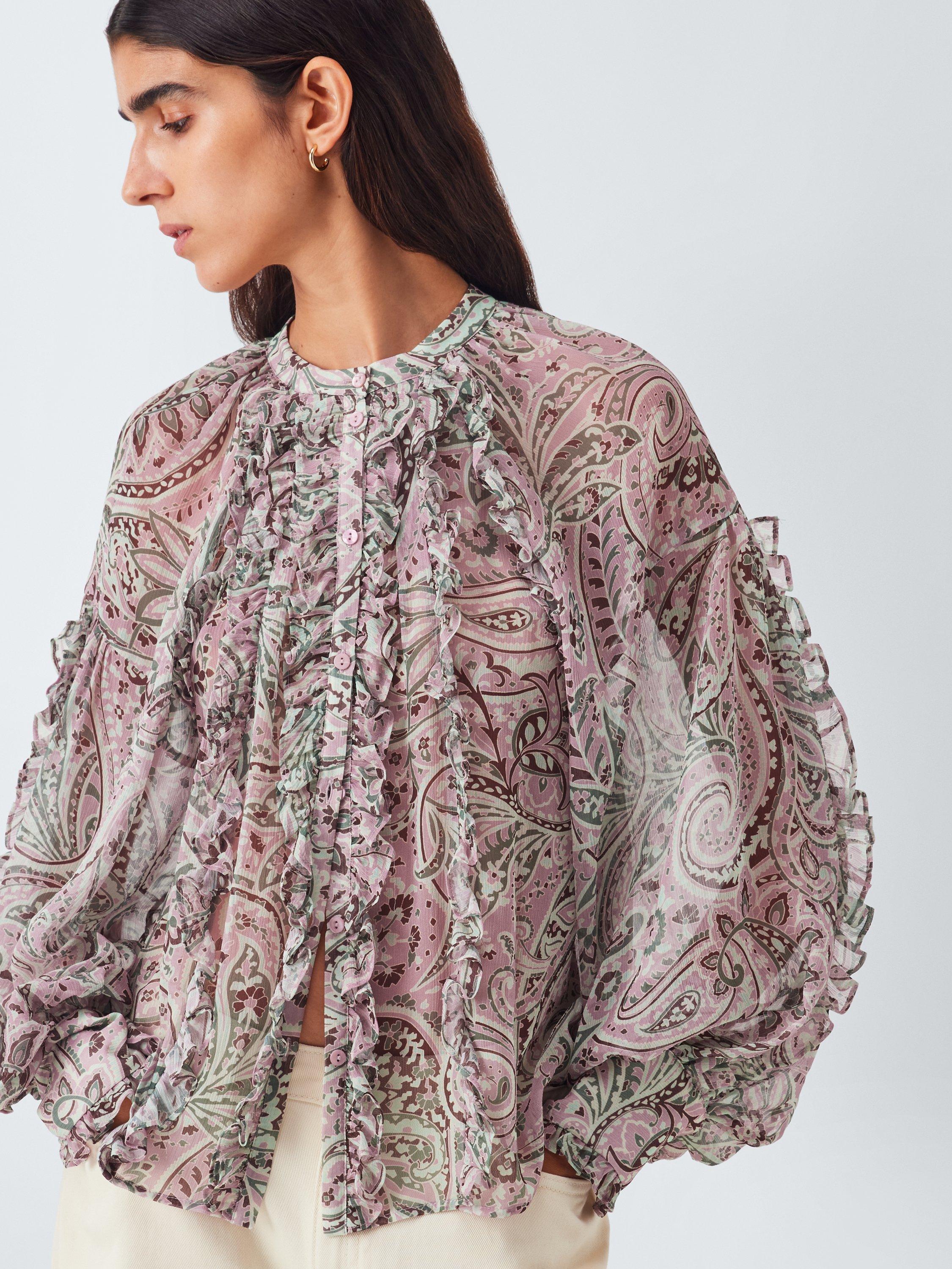 Product image 5 of 6, which shows AND/OR Paisley Ruffle Top, Pink/Multi, 6