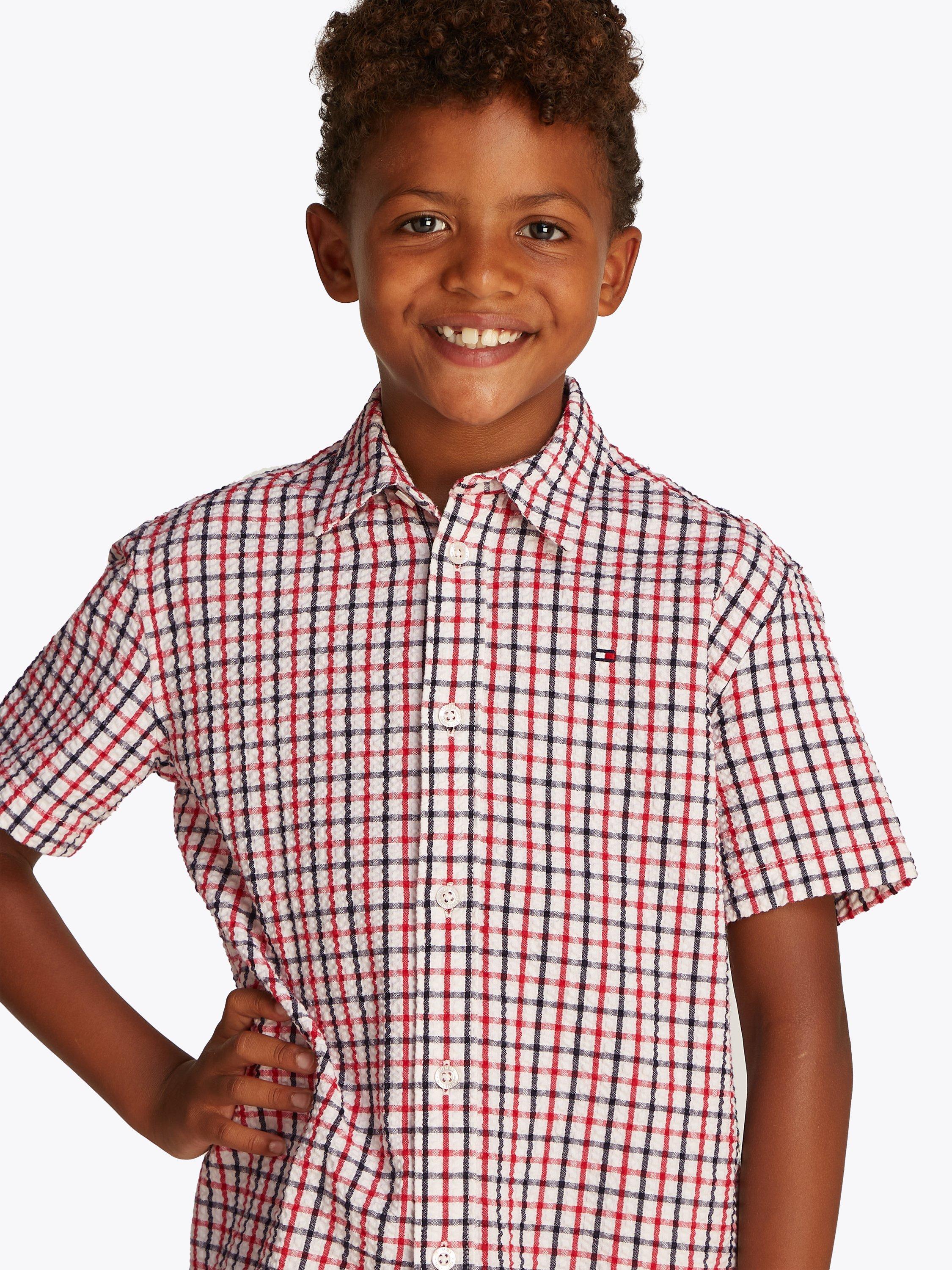 Product image 3 of 6, which shows Tommy Hilfiger Kids' Check Organic Cotton Blend Shirt, Red/White/Blue, 4 years