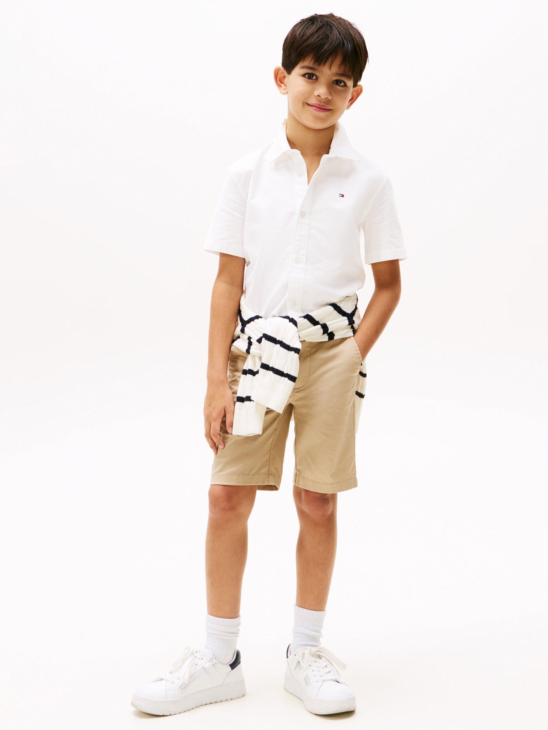 Product image 1 of 6, which shows Tommy Hilfiger Kids' Stretch Oxford Short Sleeve Shirt, White, 3 years