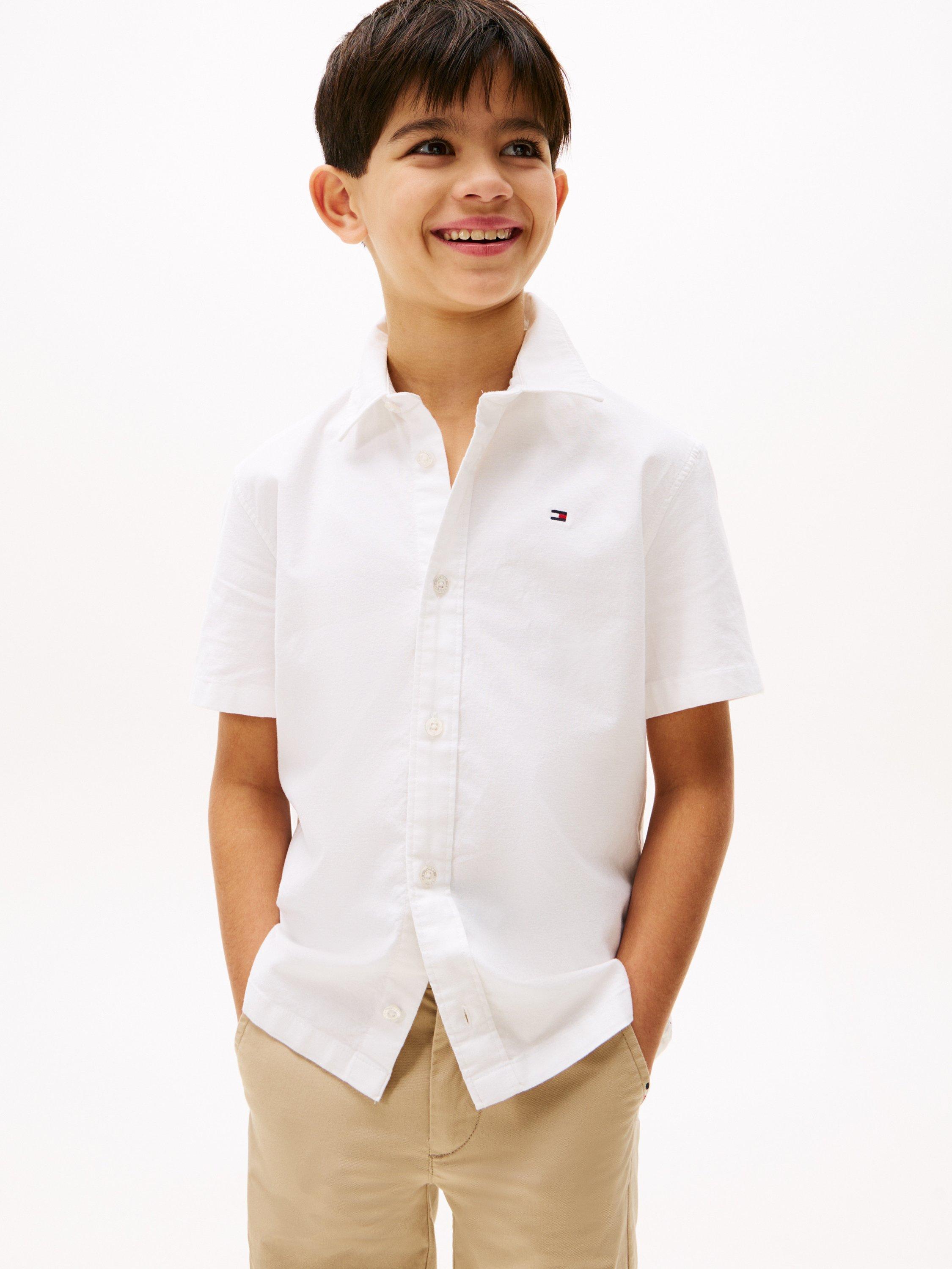Product image 4 of 6, which shows Tommy Hilfiger Kids' Stretch Oxford Short Sleeve Shirt, White, 3 years