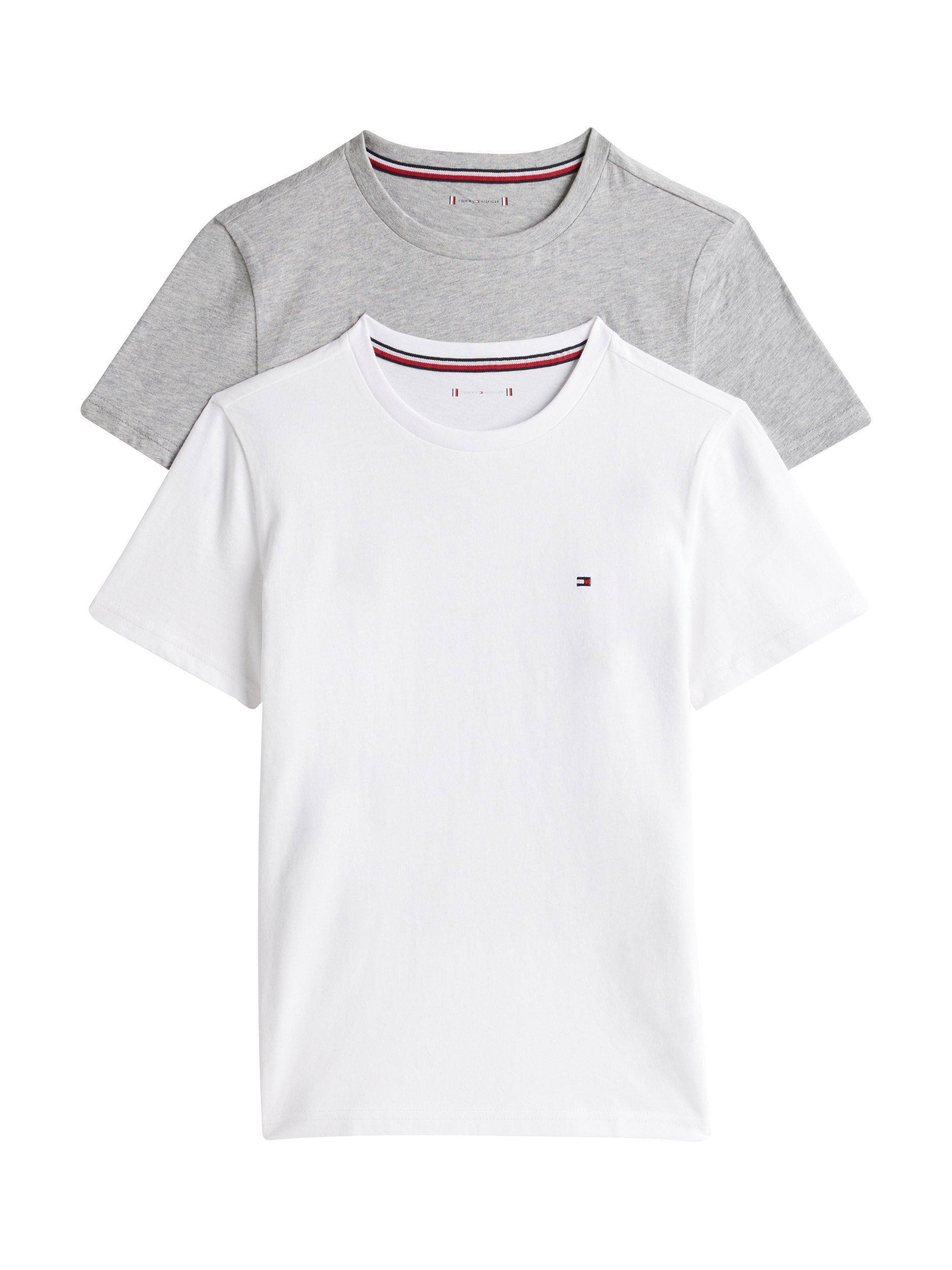Product image 1 of 5, which shows Tommy Hilfiger Kids' Signature Flag Embroidery T-Shirts, Pack of 2, White/Light Grey Heather, 4-5 years