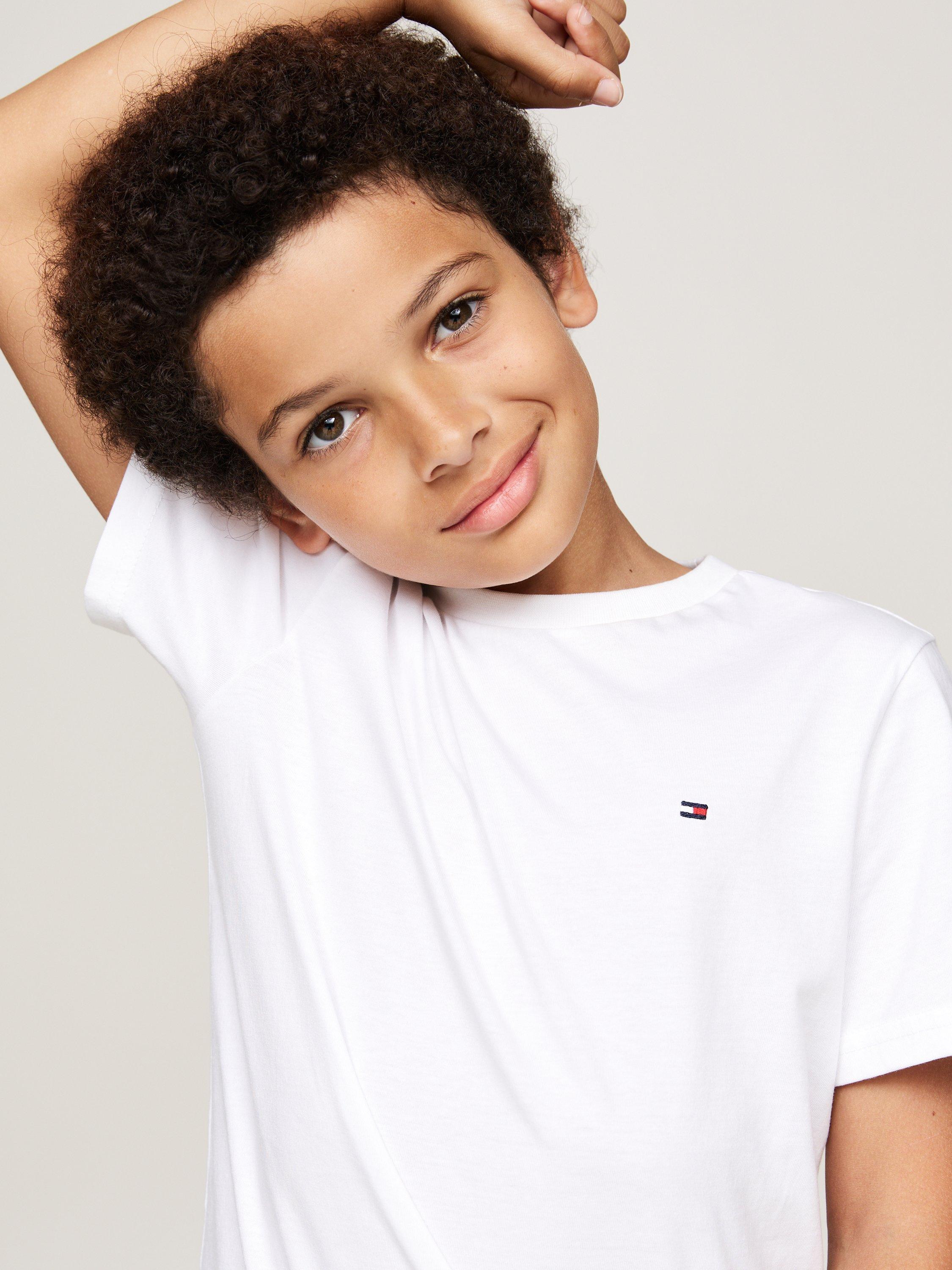 Product image 2 of 5, which shows Tommy Hilfiger Kids' Signature Flag Embroidery T-Shirts, Pack of 2, White/Light Grey Heather, 4-5 years