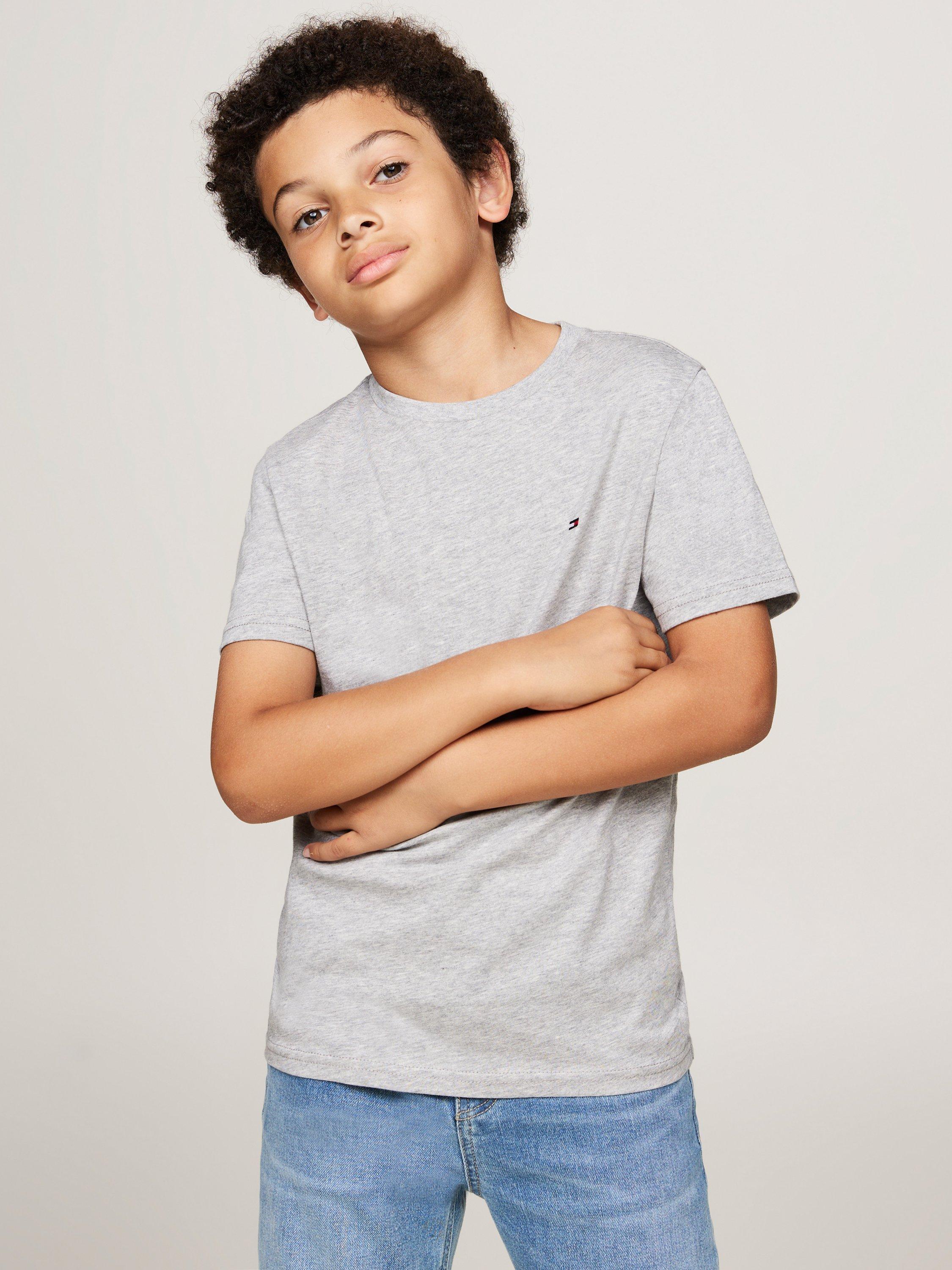 Product image 4 of 5, which shows Tommy Hilfiger Kids' Signature Flag Embroidery T-Shirts, Pack of 2, White/Light Grey Heather, 4-5 years