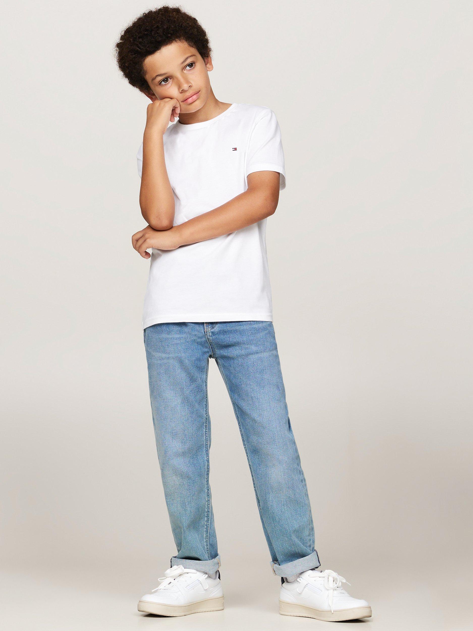 Product image 5 of 5, which shows Tommy Hilfiger Kids' Signature Flag Embroidery T-Shirts, Pack of 2, White/Light Grey Heather, 4-5 years
