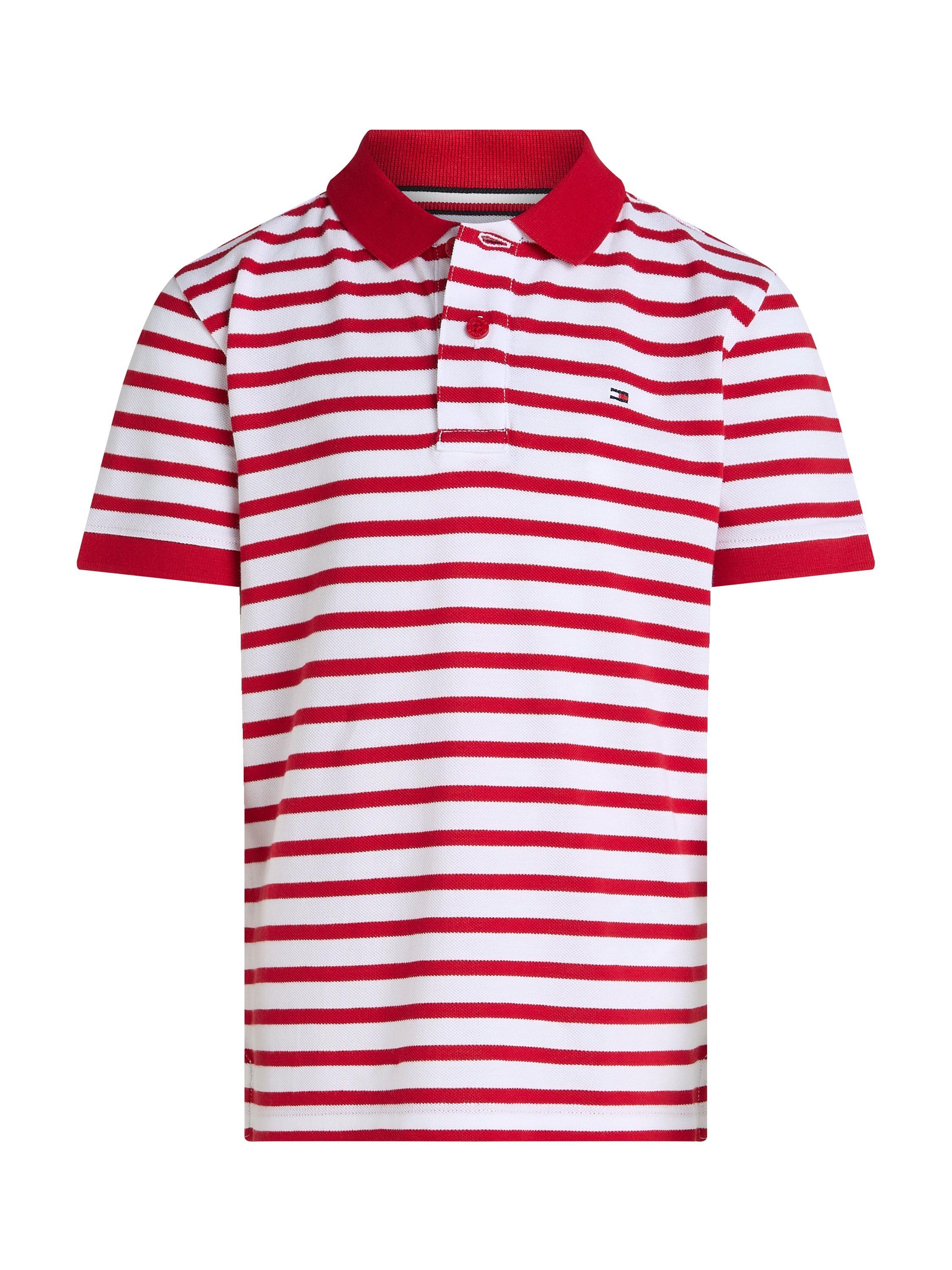Product image 1 of 3, which shows Tommy Hilfiger Kids' Adaptive Collection Cotton Stripe Polo Shirt, Red/White, 4 years
