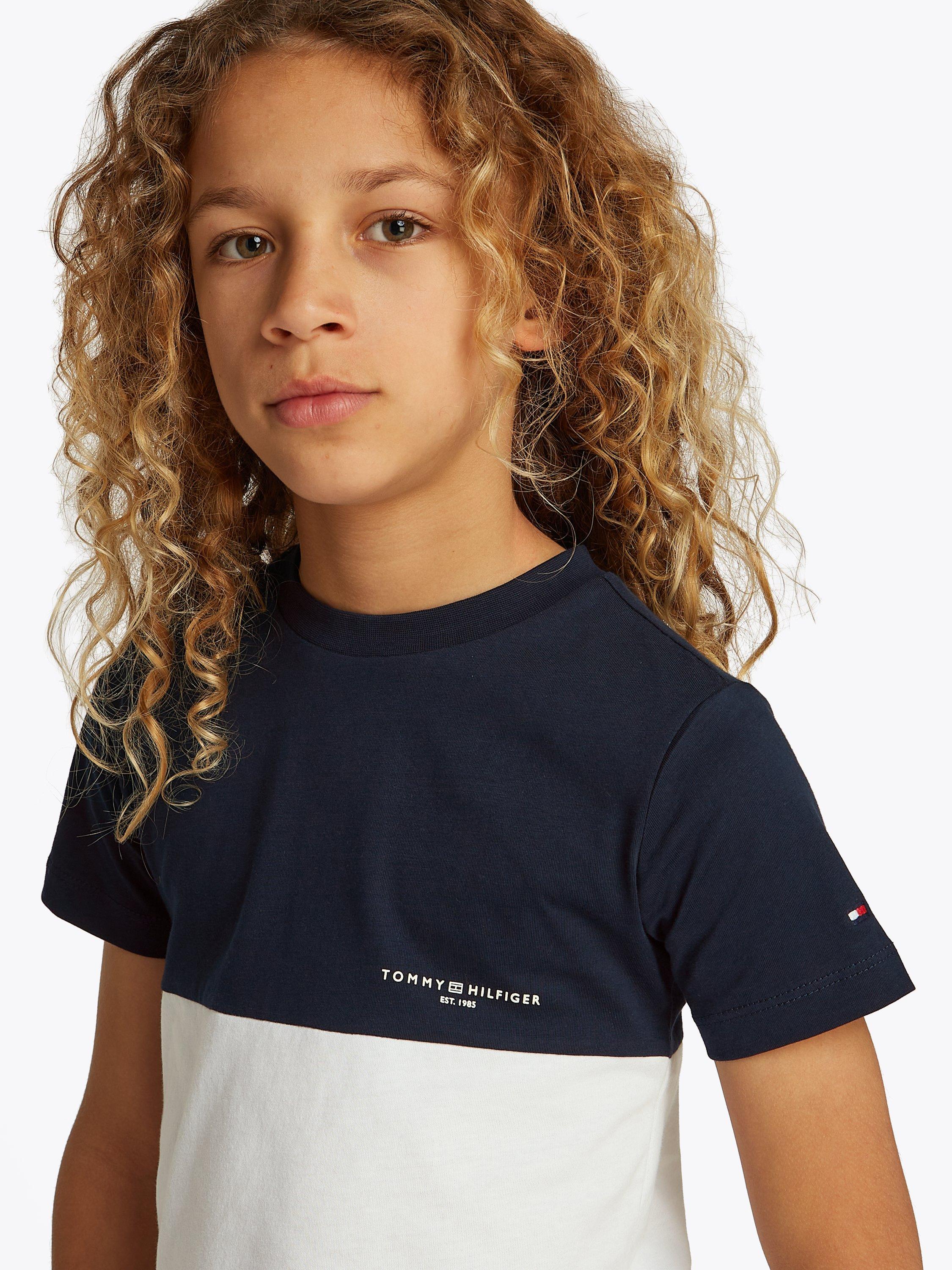 Product image 3 of 5, which shows Tommy Hilfiger Kids' Cotton Colour Block T-Shirt, Navy/White, 3 years