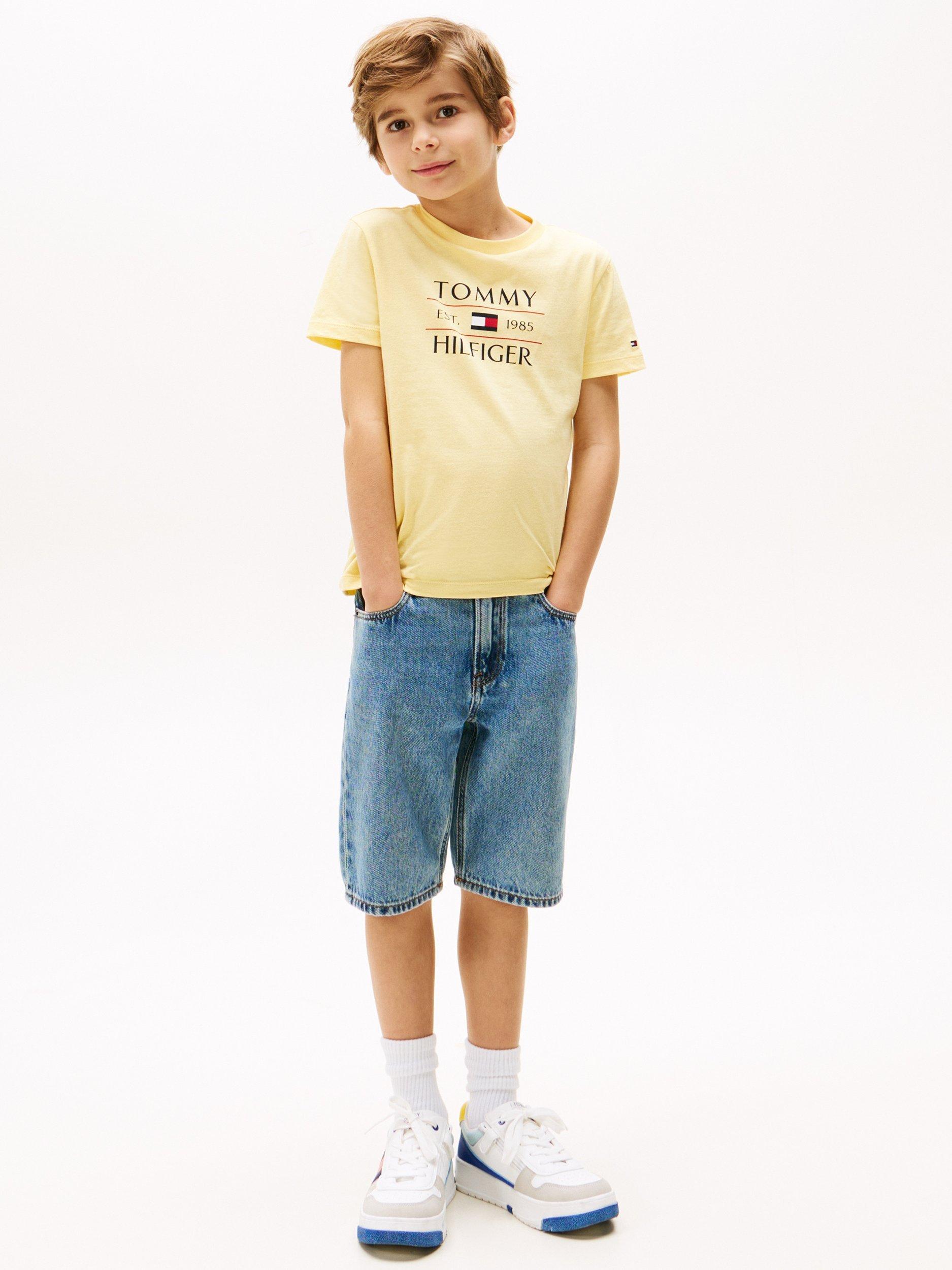 Product image 1 of 5, which shows Tommy Hilfiger Kids' Logo Crew Neck T-Shirt, Citronella/Multi, 4 years
