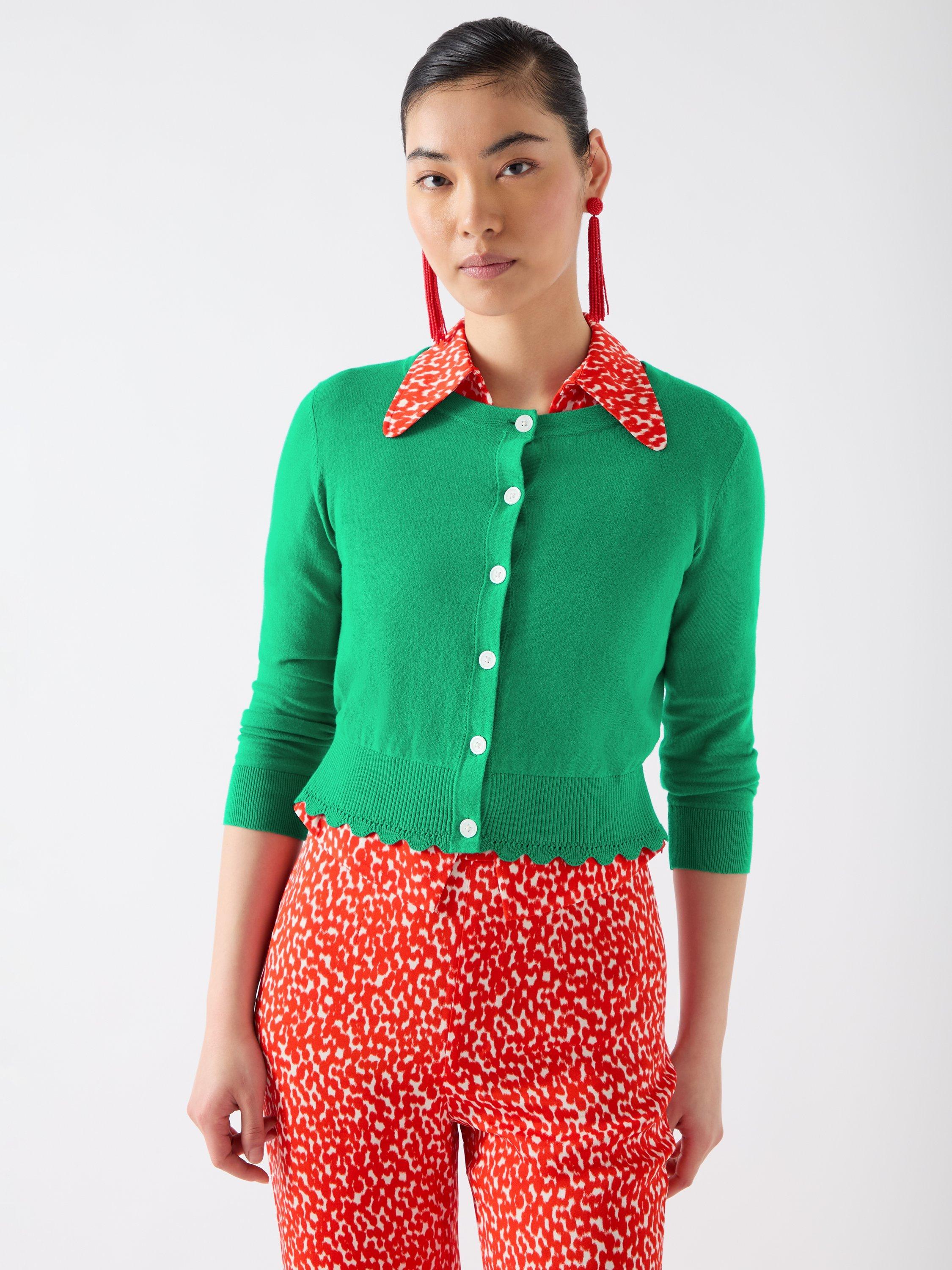 Product image 4 of 5, which shows L.K.Bennett Vanessa Scallop Edge Cardigan, Bright Green, XS