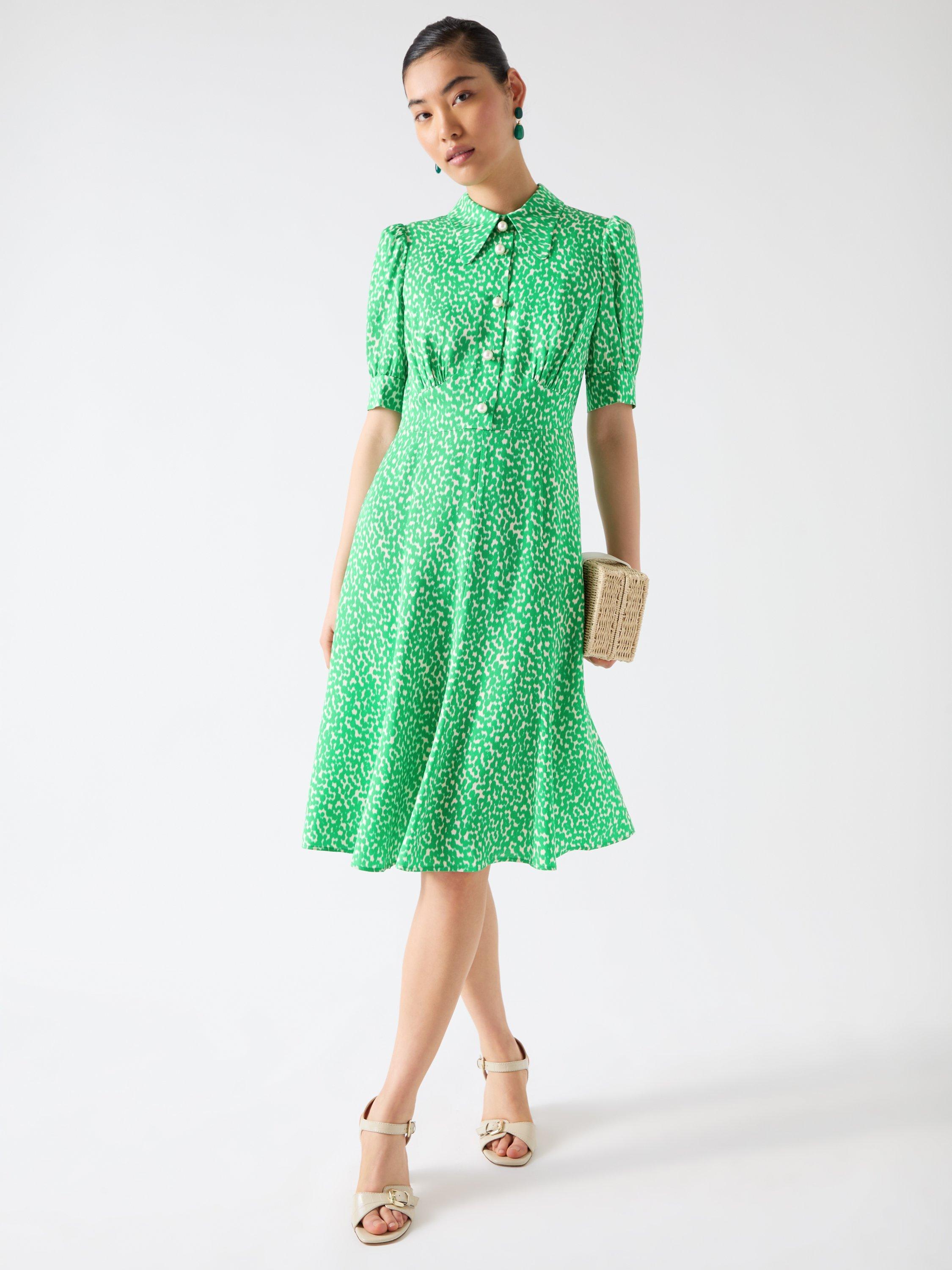 Product image 1 of 4, which shows L.K.Bennett Esme Ikat Spot Print Dress, Green/Cream, 6
