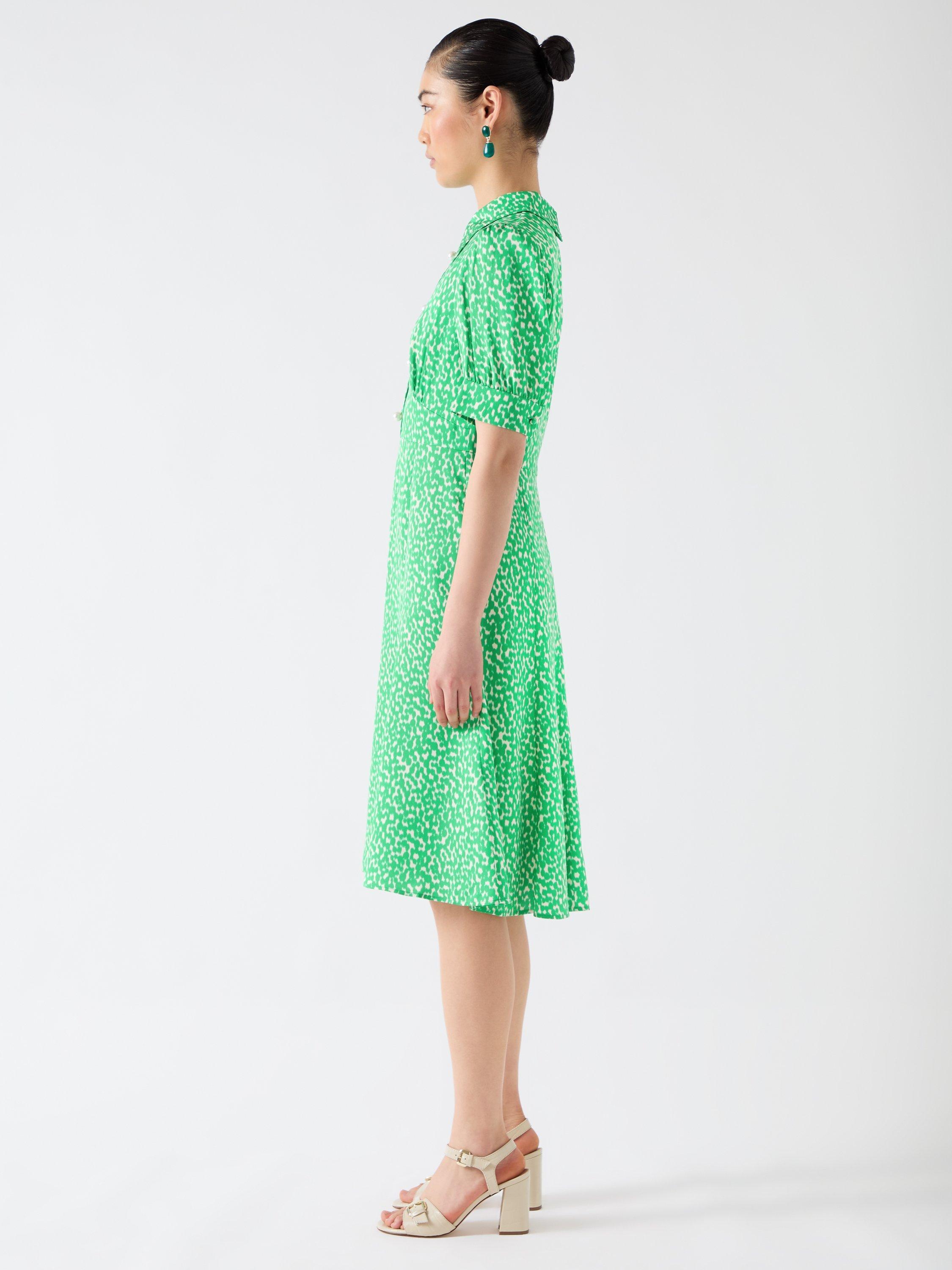 Product image 2 of 4, which shows L.K.Bennett Esme Ikat Spot Print Dress, Green/Cream, 6