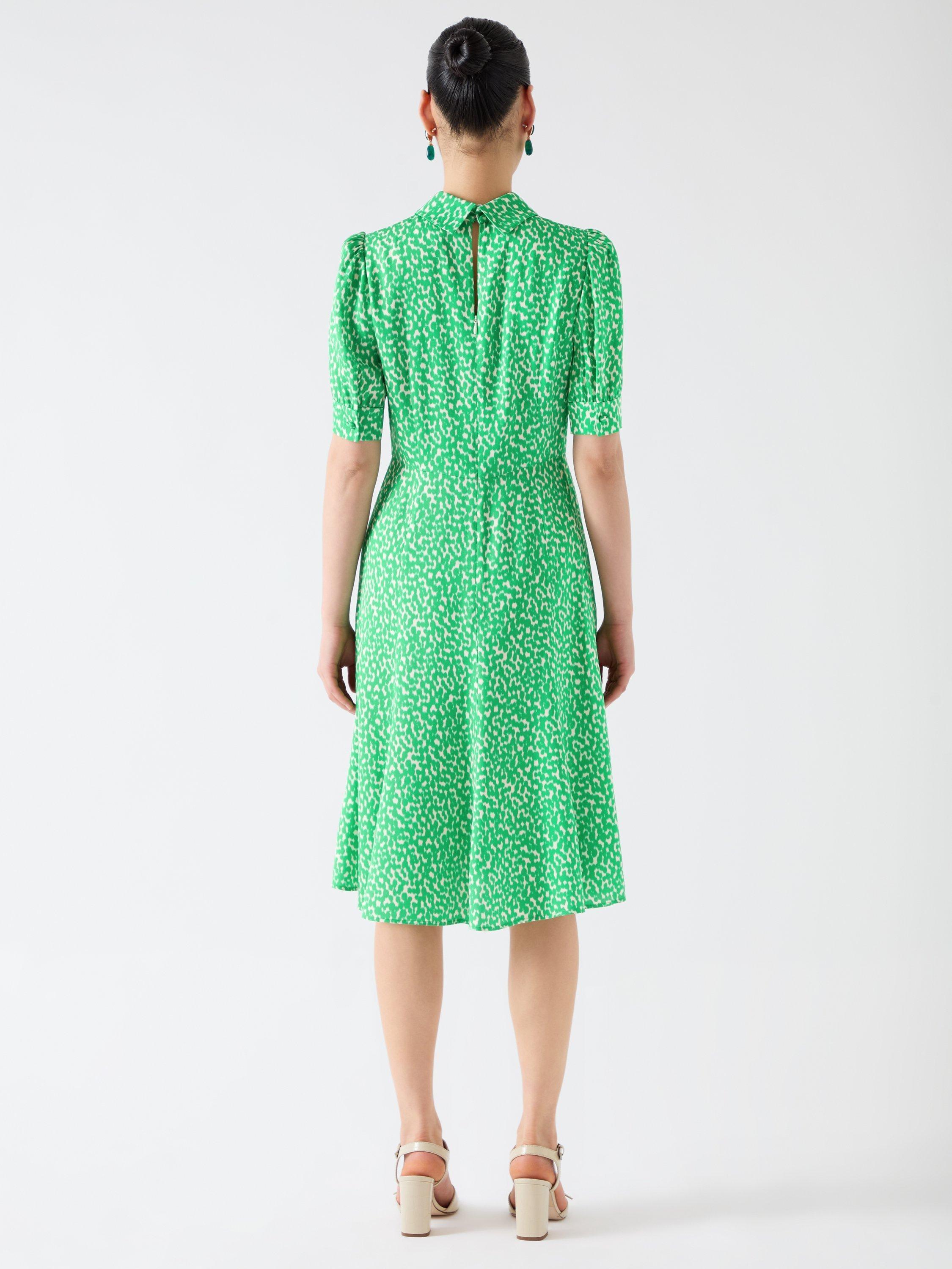 Product image 3 of 4, which shows L.K.Bennett Esme Ikat Spot Print Dress, Green/Cream, 6