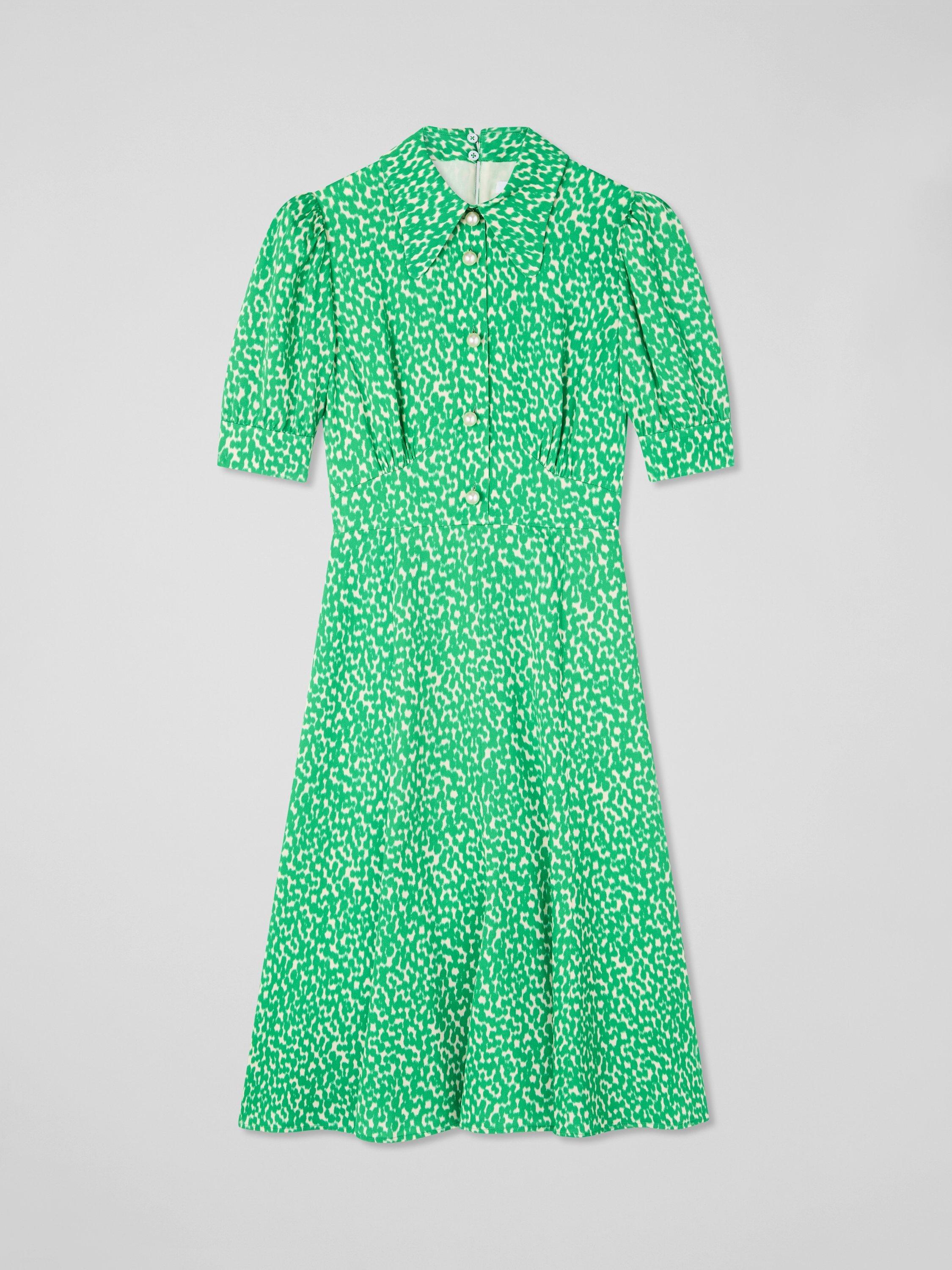 Product image 4 of 4, which shows L.K.Bennett Esme Ikat Spot Print Dress, Green/Cream, 6